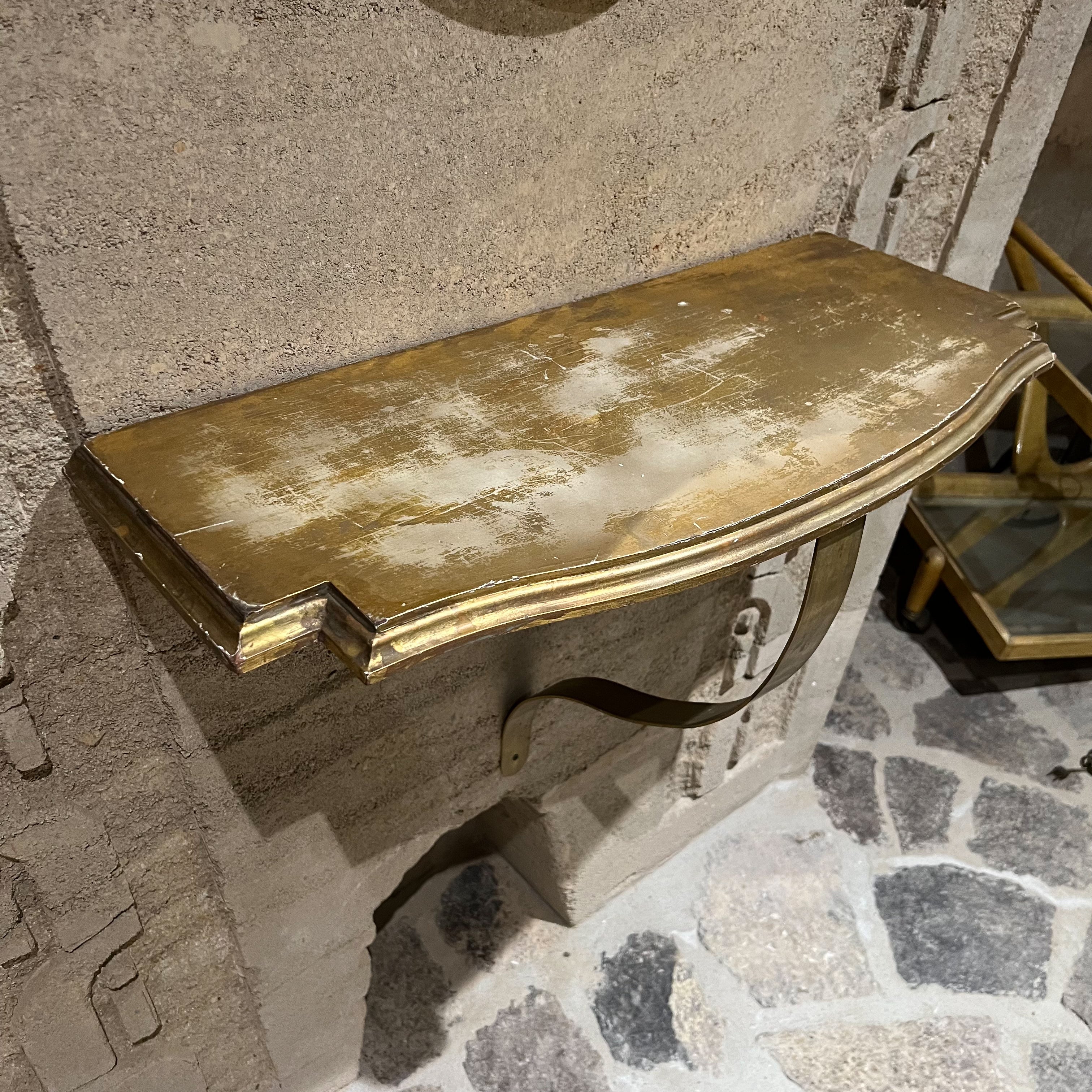 Mid-Century Modern 1950s Italian Giltwood Wall Console Goldleaf and Bronze Italy For Sale