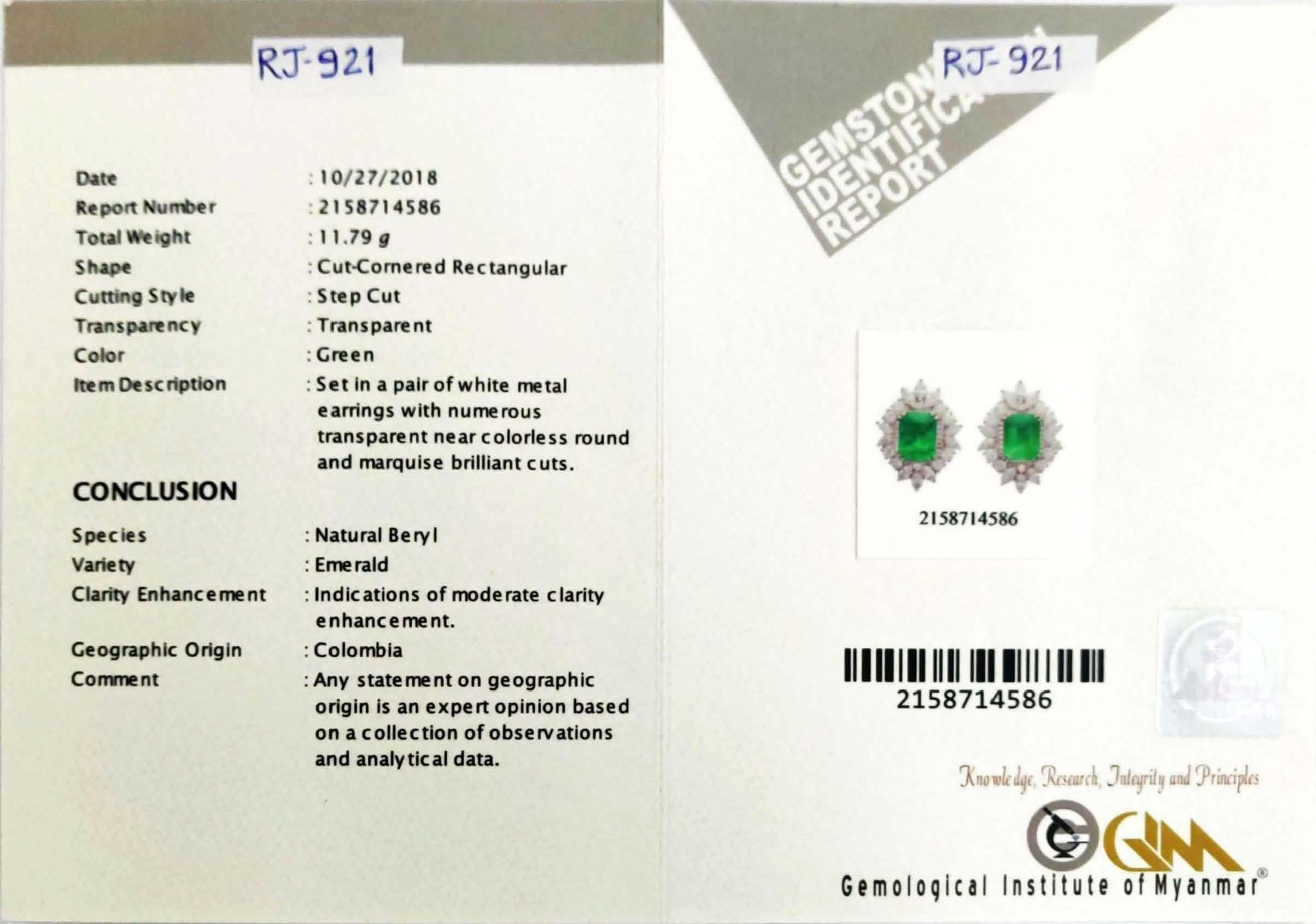 GIM Certified Emerald and Diamond Earring in 18 Karat Gold 2