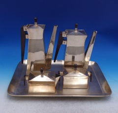 Gim Mexican Sterling Silver Tea Set 4pc W/Tray Wood Handle Finial Modern '#7062'