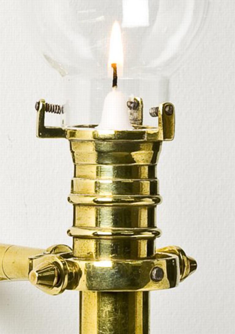Campaign Gimballed Brass Candlestick Lamp For Sale