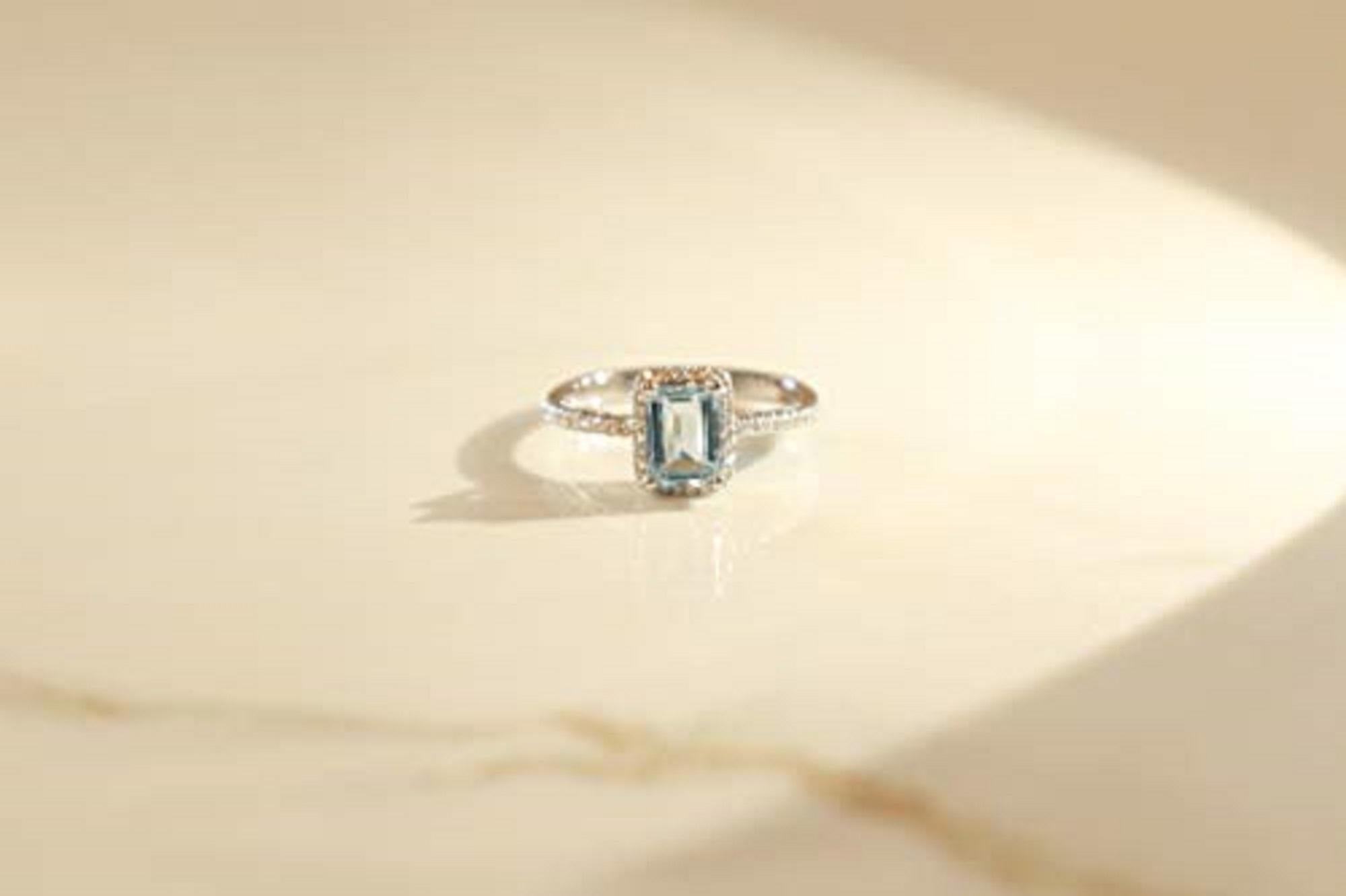 Emerald Cut Gin and Grace 10K White Gold Genuine Aquamarine Ring with Diamonds for women For Sale