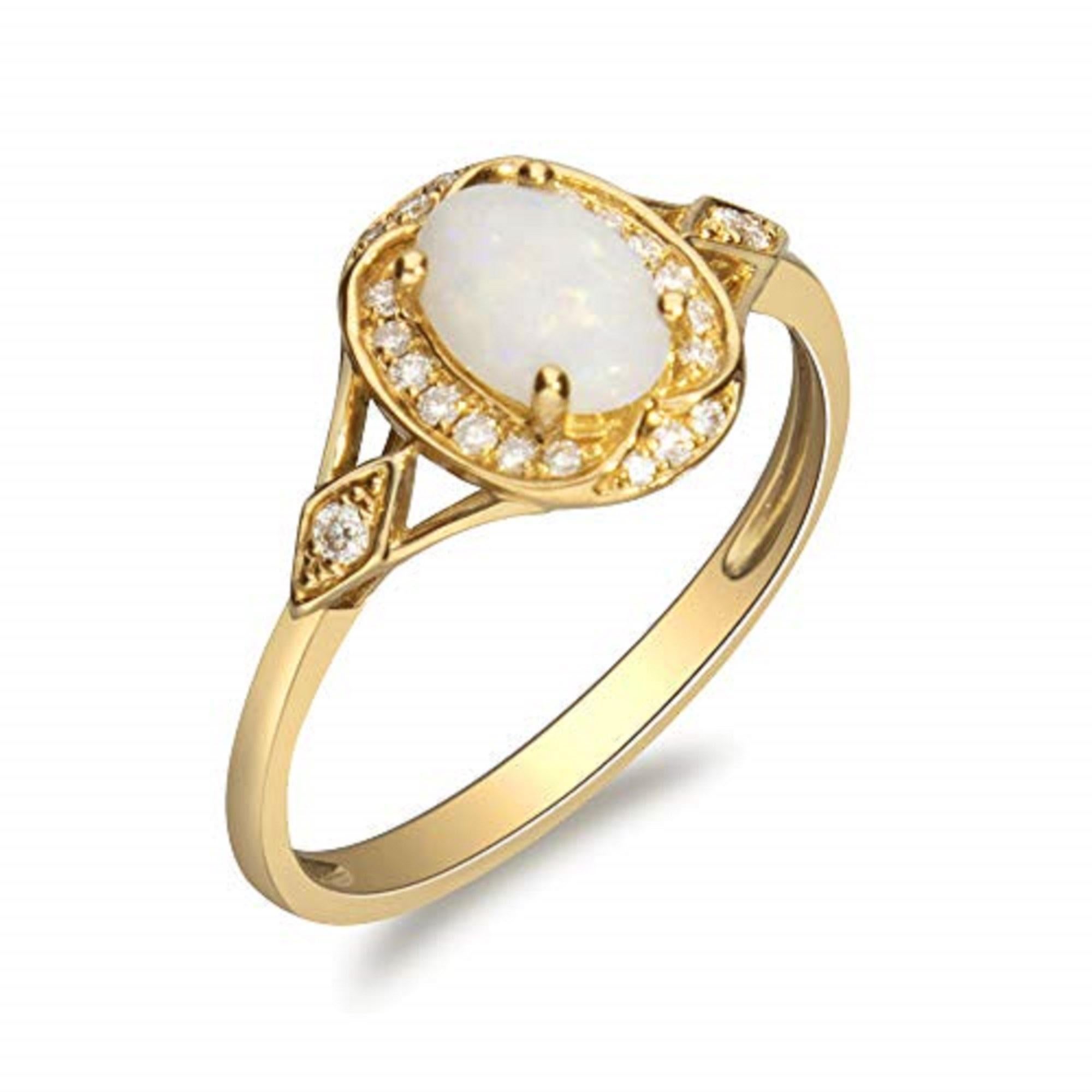 Art déco Gin and Grace, bague en or jaune 10 carats avec opale australienne et véritables diamants pour femmes en vente