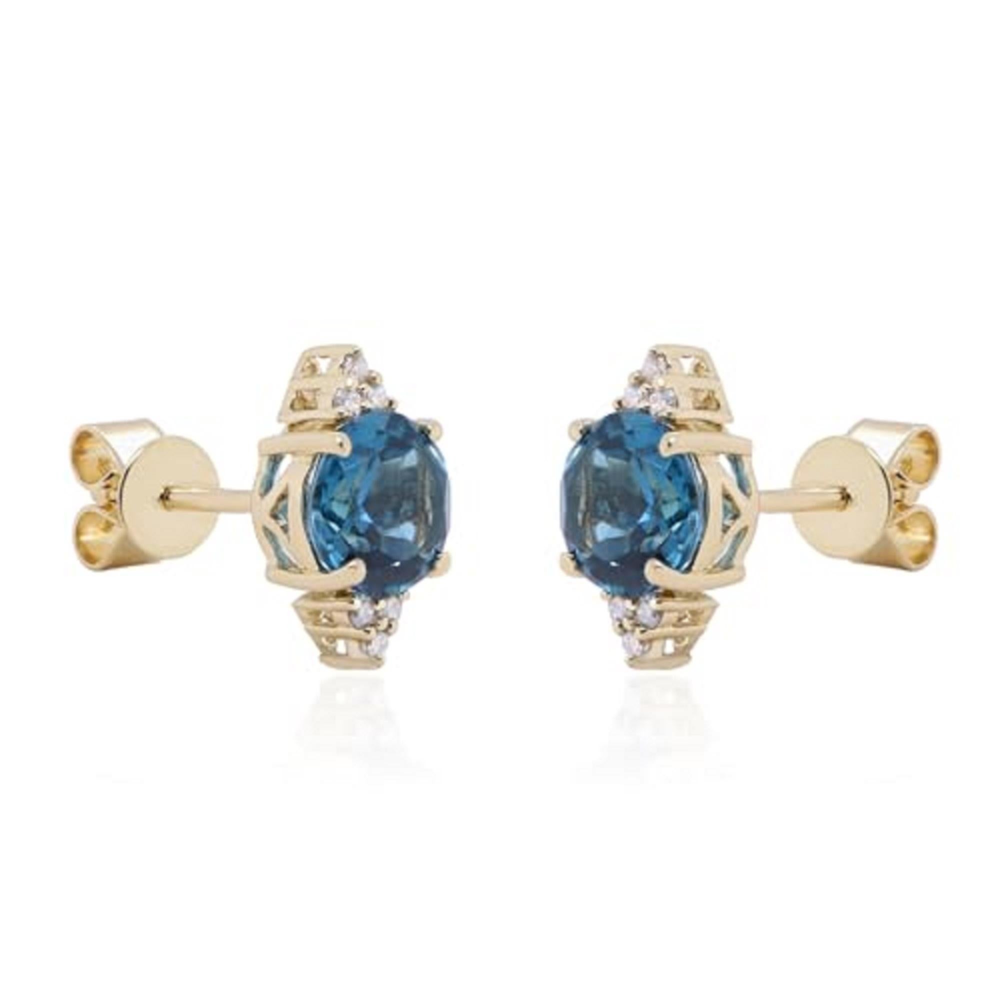 Round Cut Gin and Grace 10K Yellow Gold Genuine London Blue Topaz Earrings with Diamonds For Sale