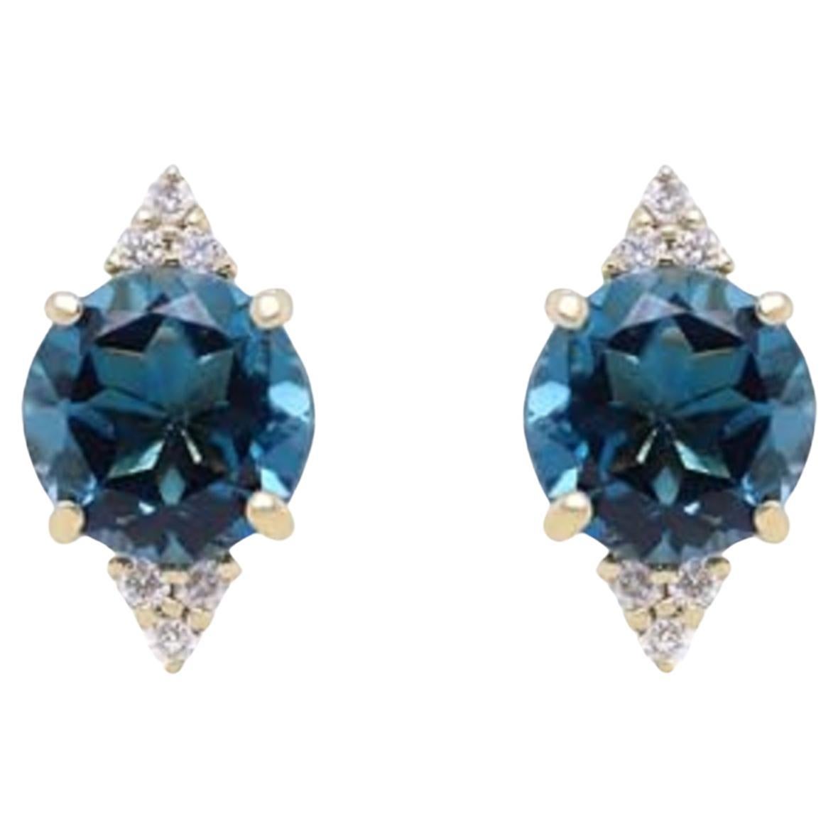 Gin and Grace 10K Yellow Gold Genuine London Blue Topaz Earrings with Diamonds For Sale