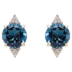Gin and Grace 10K Yellow Gold Genuine London Blue Topaz Earrings with Diamonds