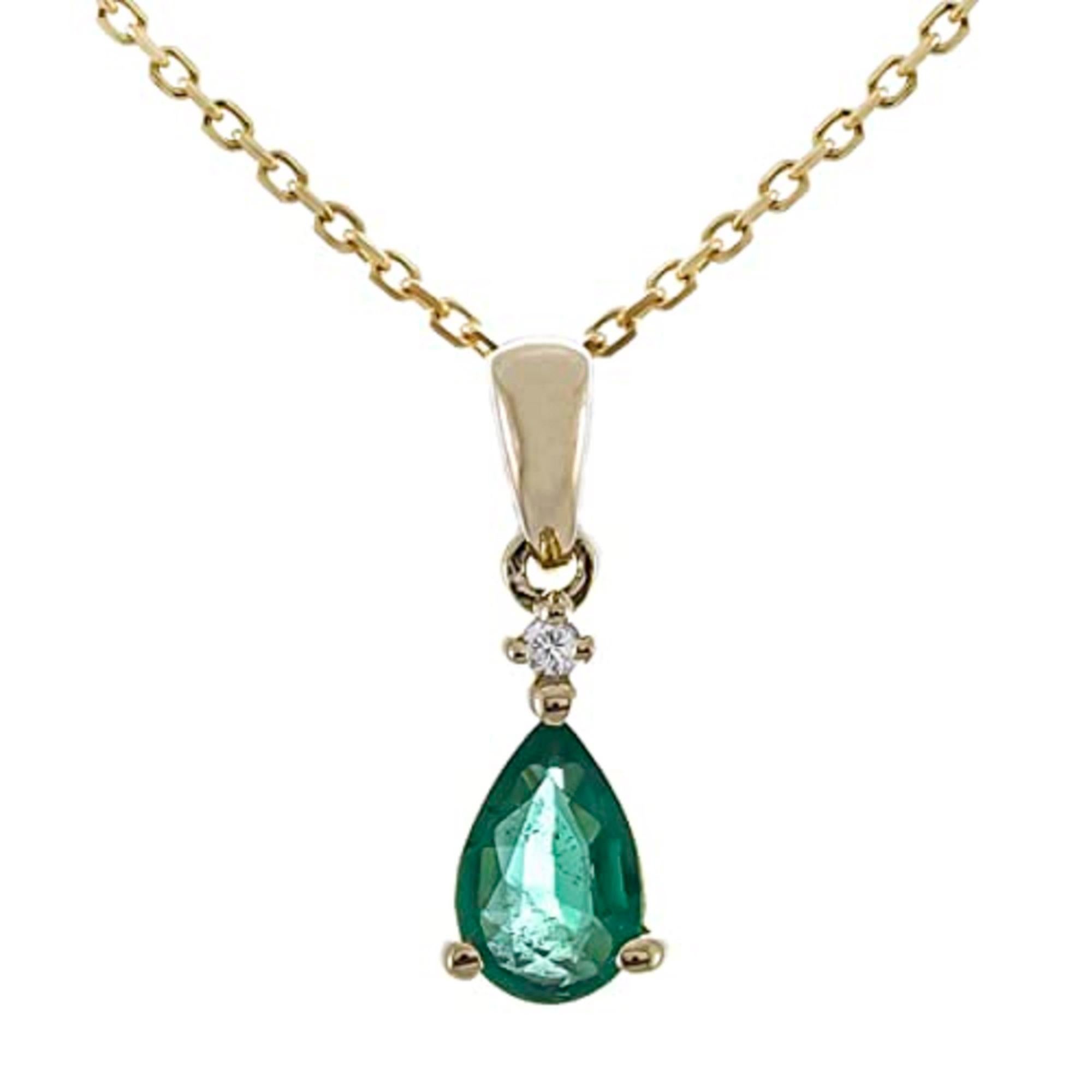 Pear Cut Gin and Grace 10K Yellow Gold Natural Zambian Emerald Pendant with Round Diamond For Sale