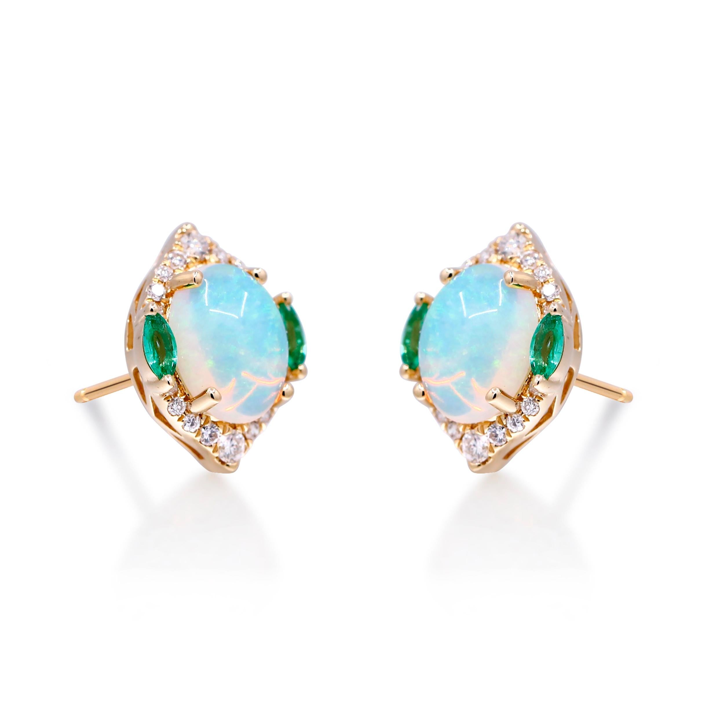 Gin and Grace Boucles d'oreilles 14K en opale éthiopienne et émeraude Neuf - En vente à New York, NY