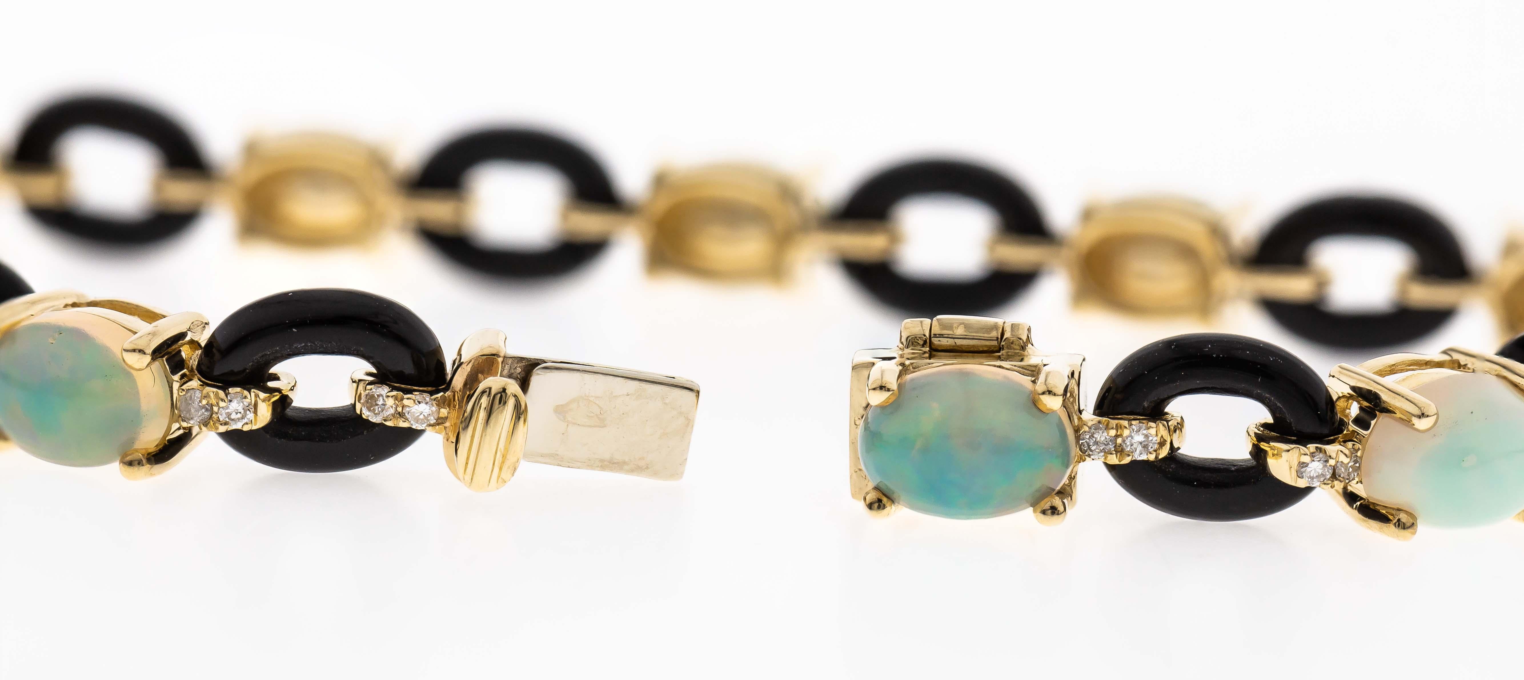 Art Deco Gin and Grace 14K Ethiopian Opal & Onyx Diamond Bracelet For Sale