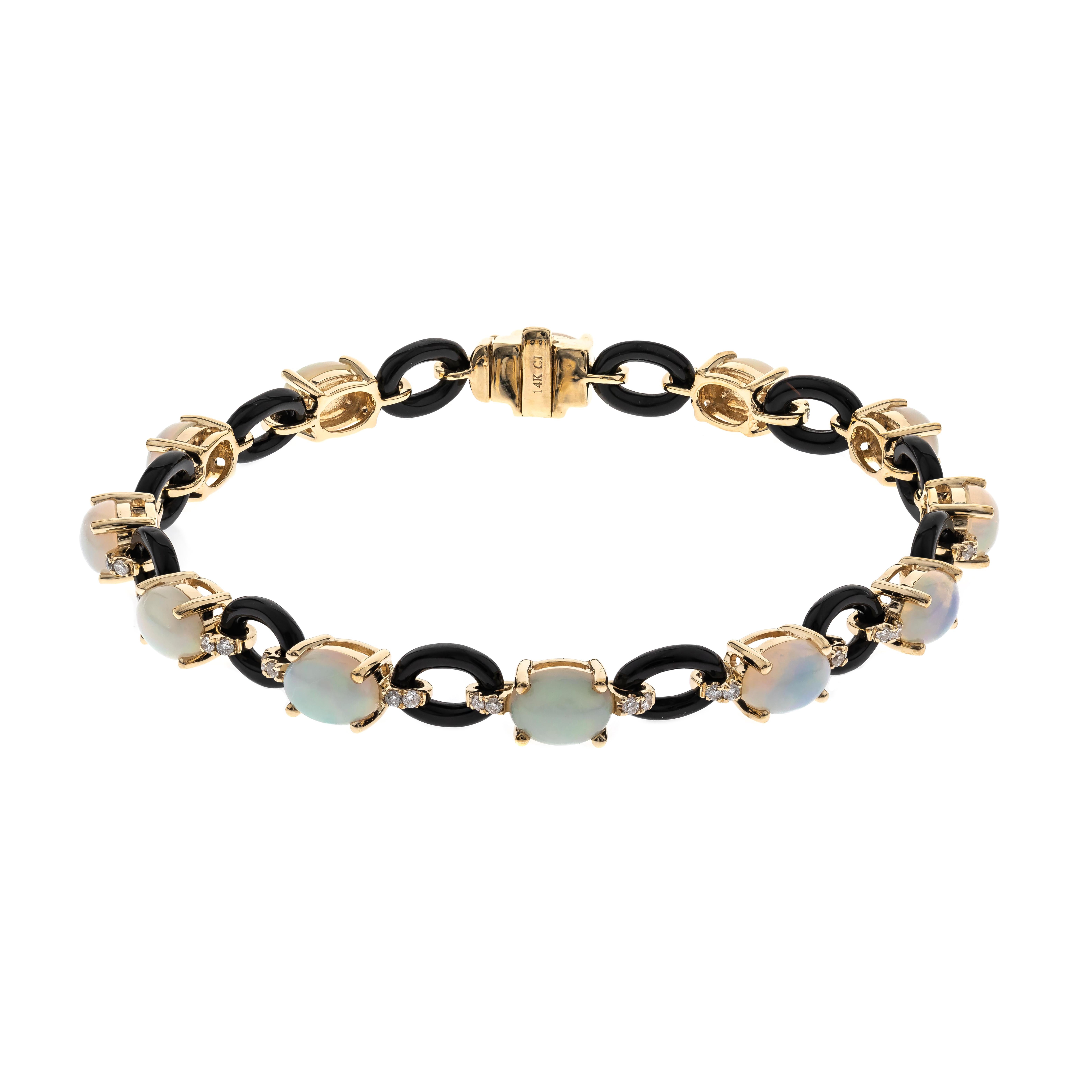 Oval Cut Gin and Grace 14K Ethiopian Opal & Onyx Diamond Bracelet For Sale
