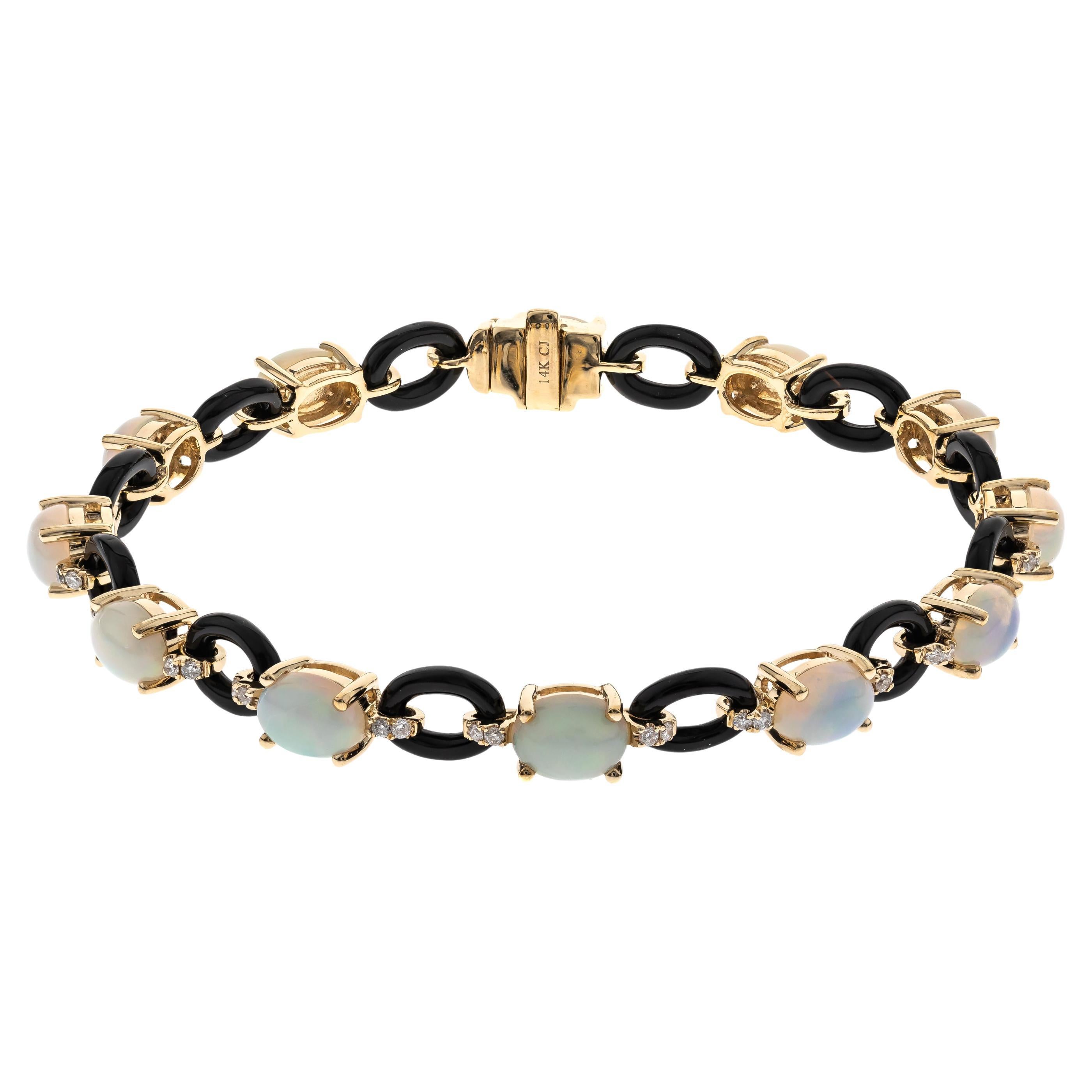 Gin and Grace 14K Ethiopian Opal & Onyx Diamond Bracelet For Sale