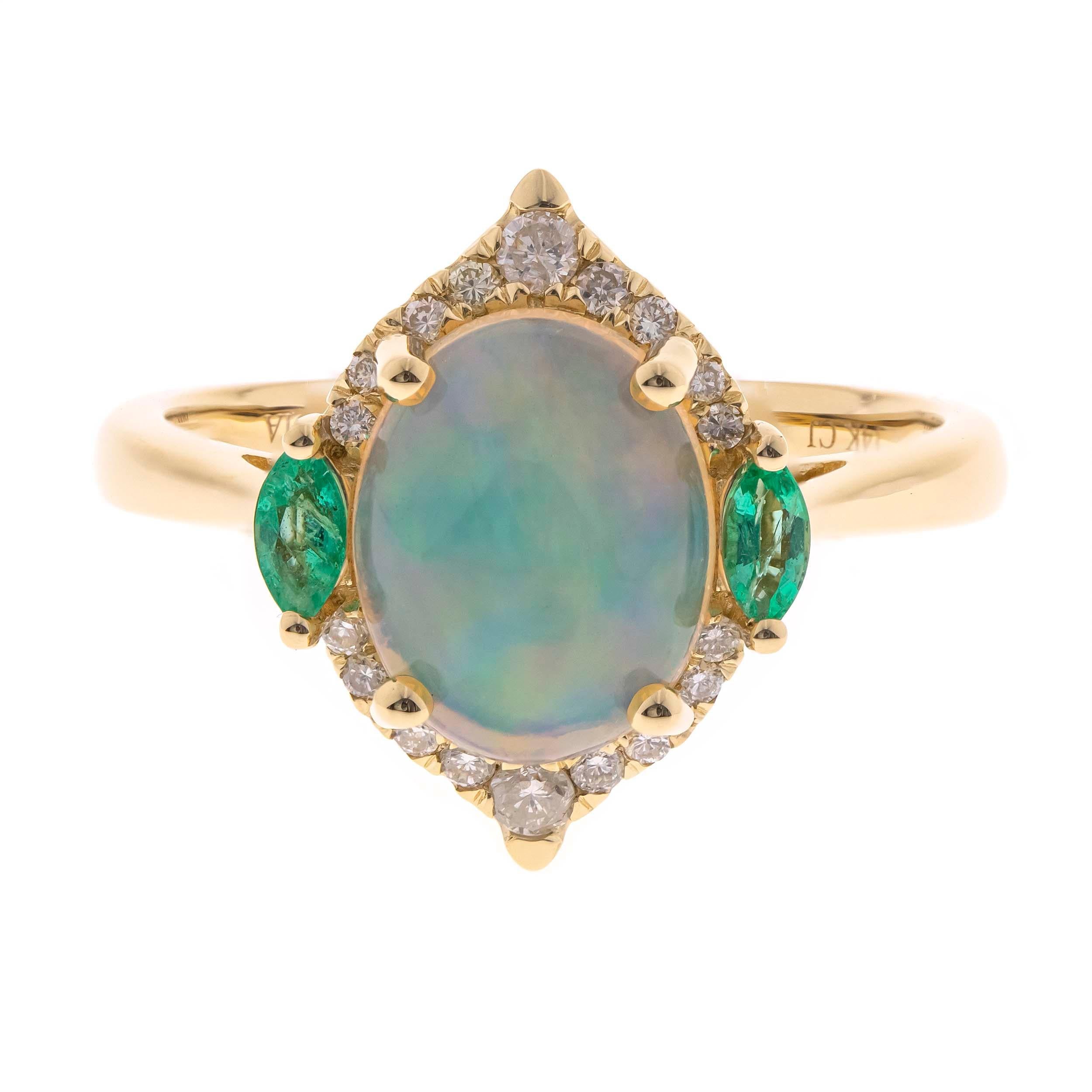 Oval Cut Gin and Grace 14K Yellow Gold Emerald and Opal Ring For Sale