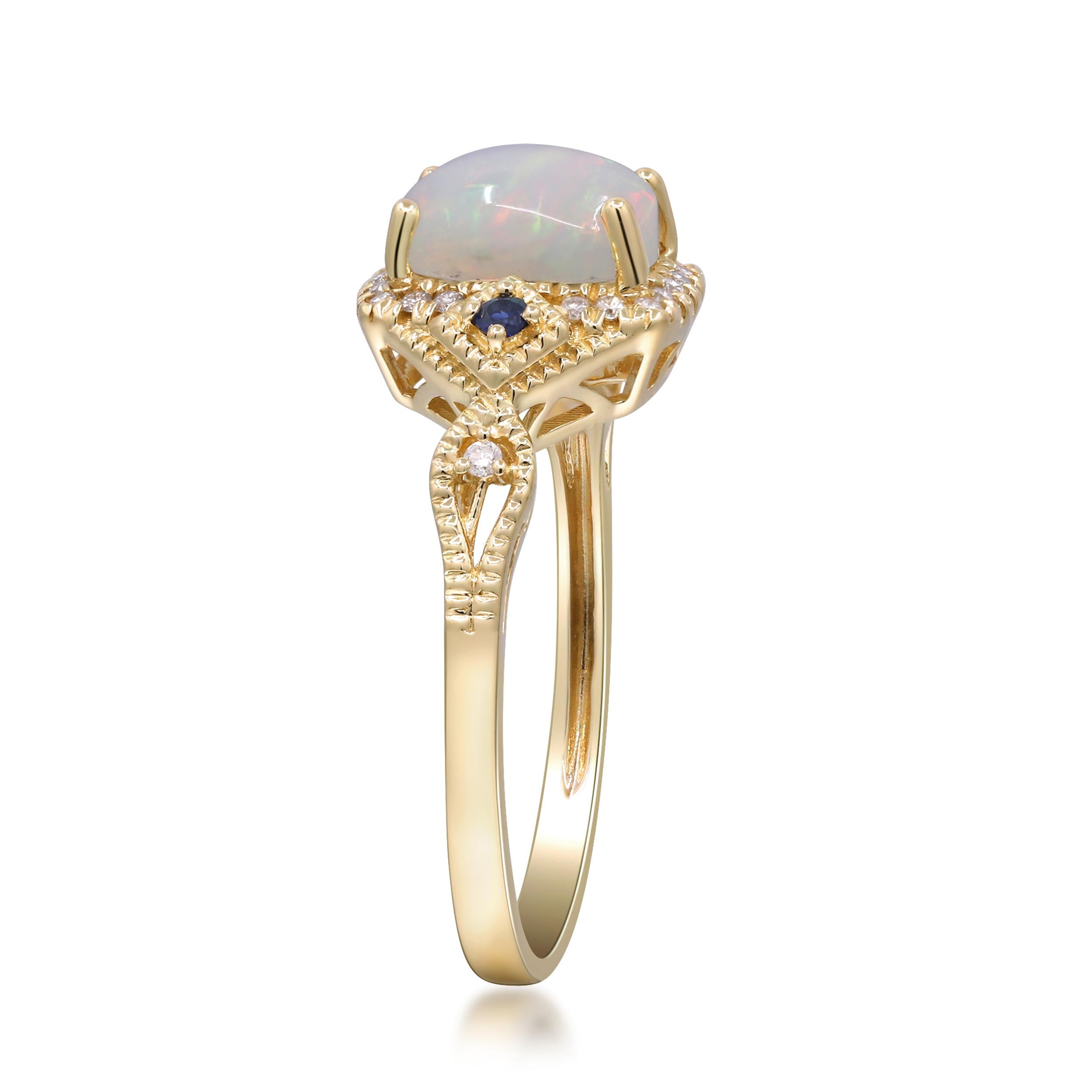 Bague d'éternité unique, étonnante, intemporelle et de grande classe. Offrez-vous une décoration de luxe avec cette bague Gin and Grace. Le bijou en or jaune 14 carats est orné d'une opale naturelle (1 pièce) de 0,97 carat, taillée en coussin et