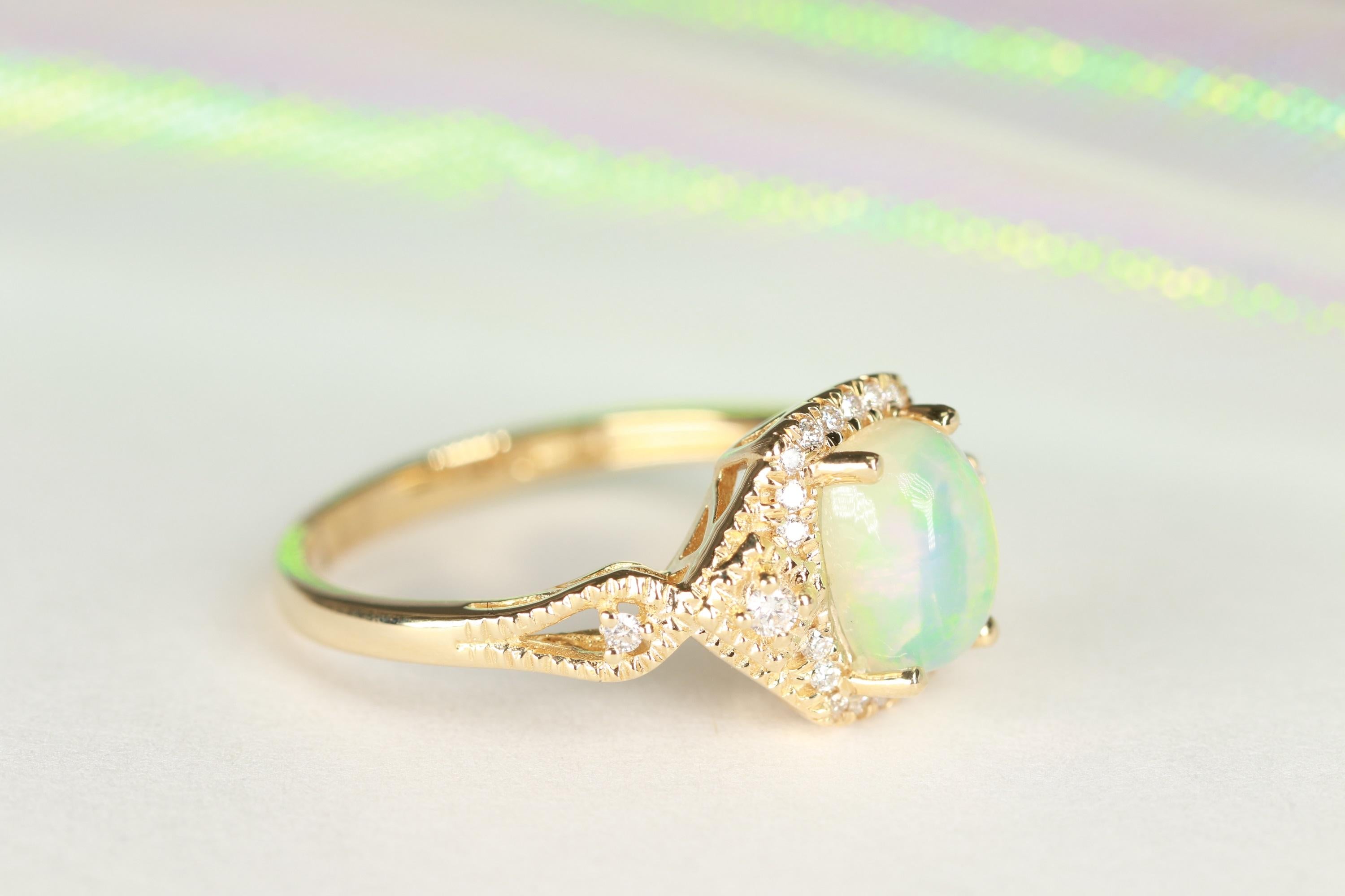 Art Deco Gin and Grace 14K Yellow Gold Ethiopian Opal Ring with Real Diamonds for Women For Sale