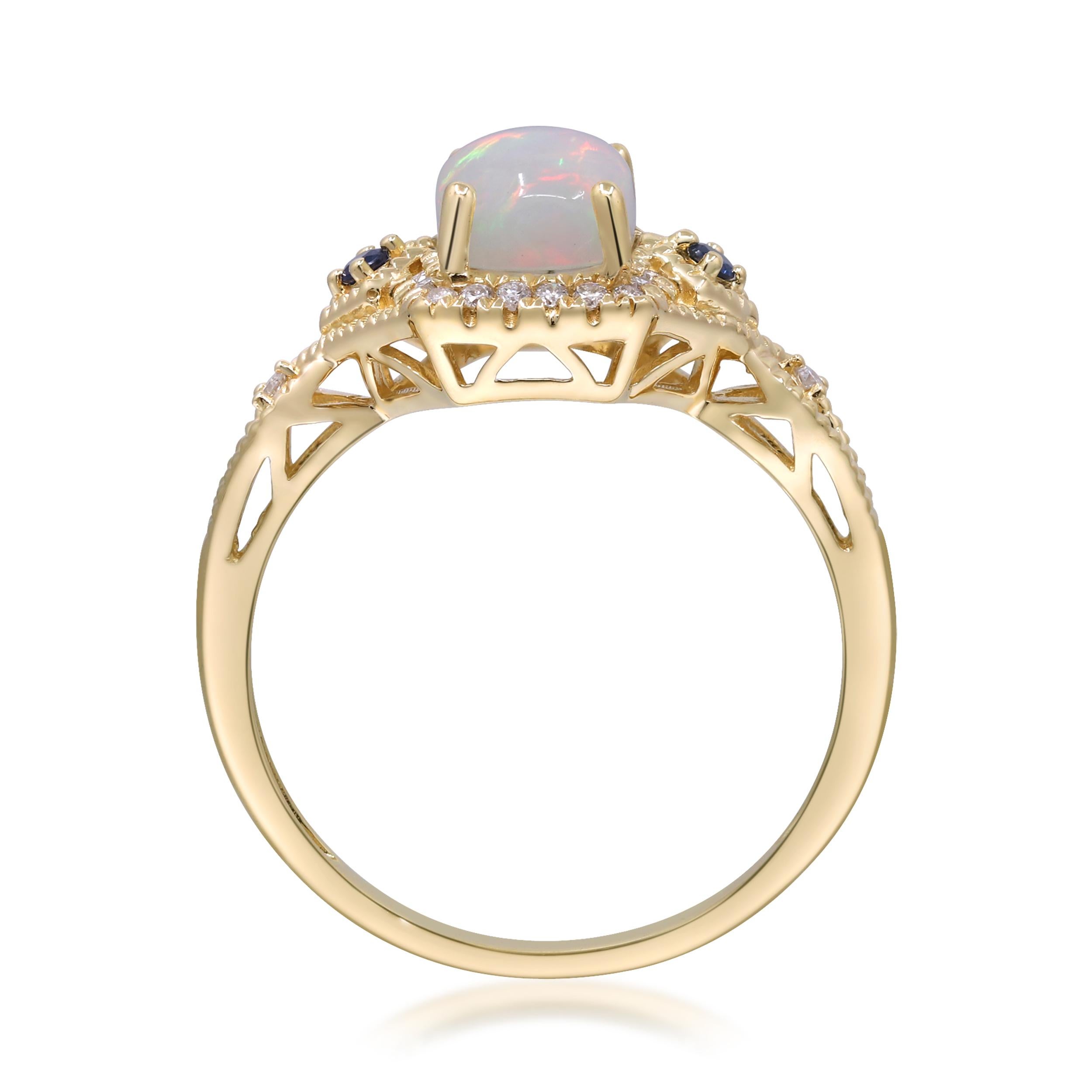Art déco Gin and Grace, bague en or jaune 14 carats avec opale d'Éthiopie et véritables diamants pour femmes en vente