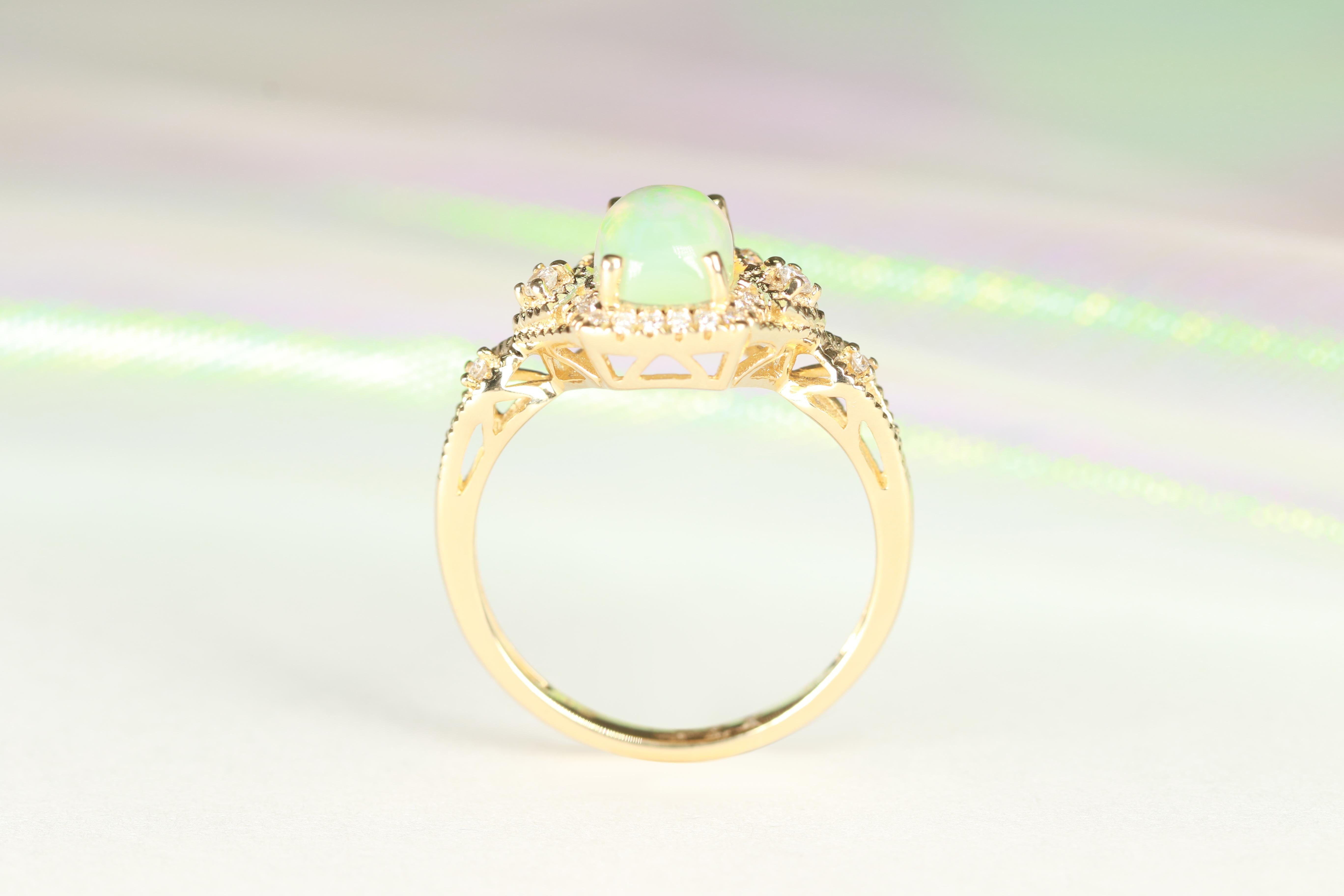 Cushion Cut Gin and Grace 14K Yellow Gold Ethiopian Opal Ring with Real Diamonds for Women For Sale