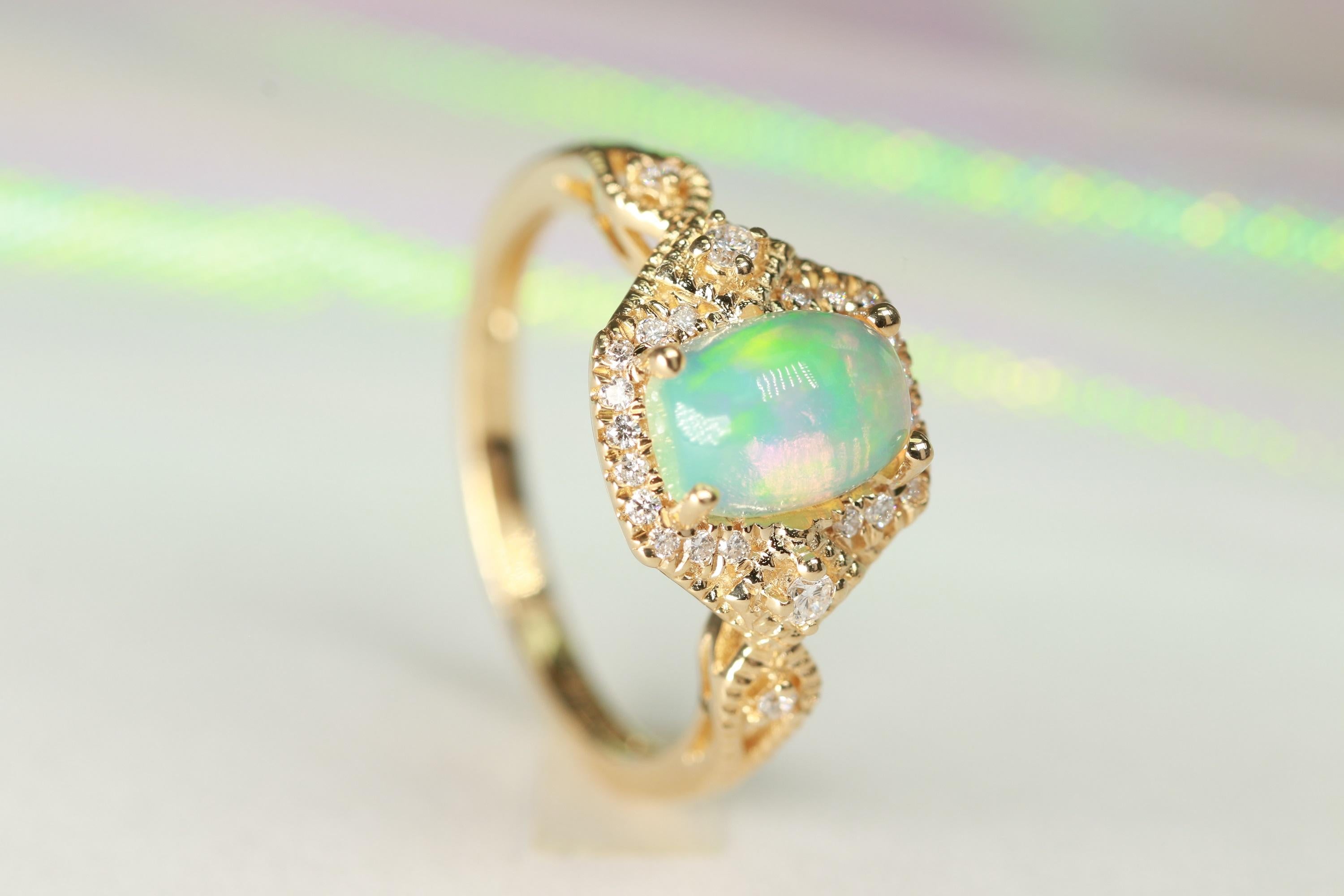 Women's Gin and Grace 14K Yellow Gold Ethiopian Opal Ring with Real Diamonds for Women For Sale