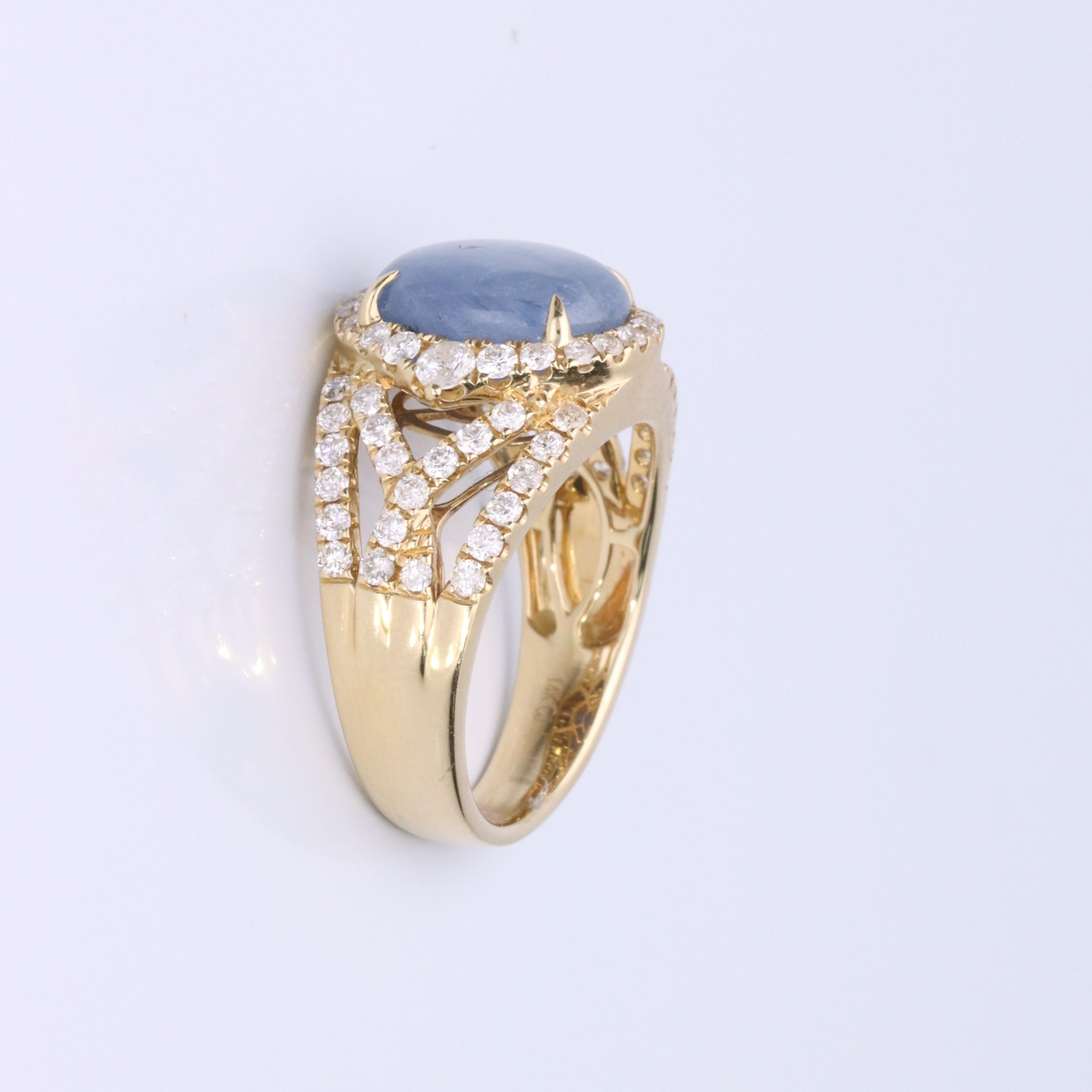 Decorate yourself in elegance with this Ring is crafted from 14-karat Yellow Gold by Gin & Grace. This Ring is made up of Oval-Cab (1 pcs) 6.43 carat Cat's Eye and Round-cut White Diamond (66 Pcs) 1.03 carat. This Ring is weight 5.05 grams. This