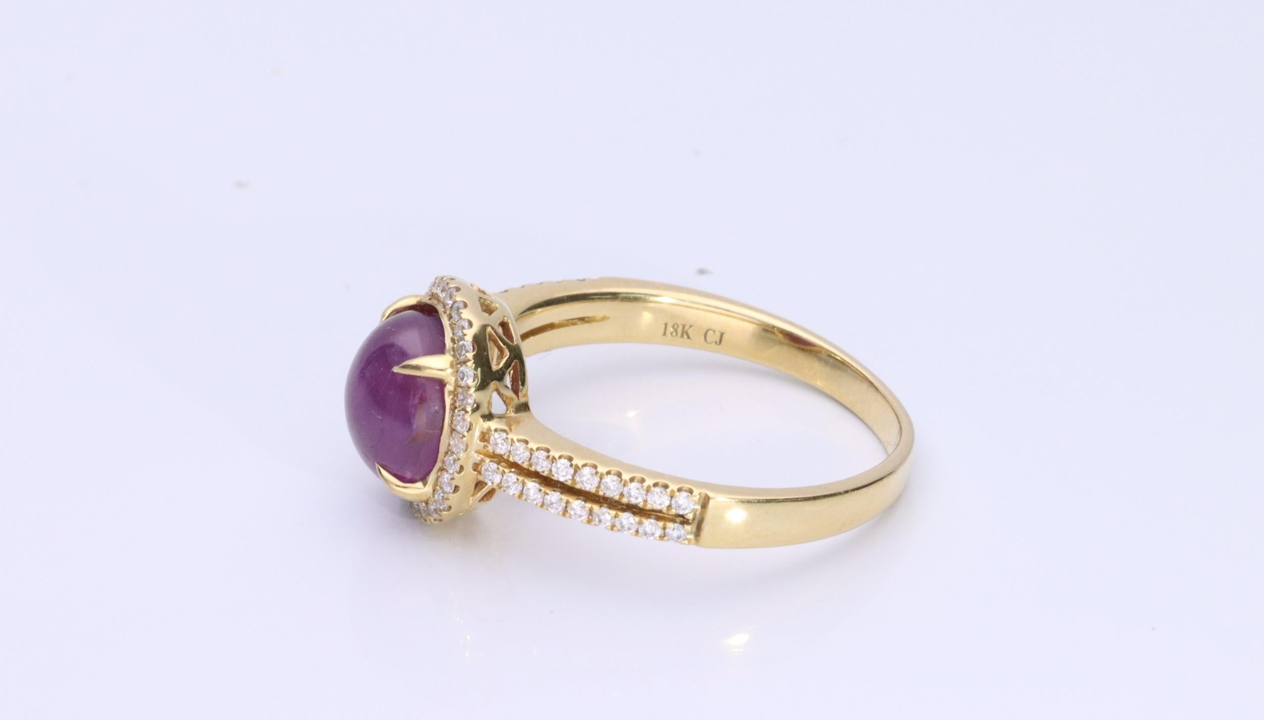 Decorate yourself in elegance with this Ring is crafted from 18-karat Yellow Gold by Gin & Grace. This Ring is made up of Oval-Cab (1 pcs) 3.10 carat Star Ruby and Round-cut White Diamond (64 Pcs) 0.27 carat. This Ring is weight 3.44 grams. This