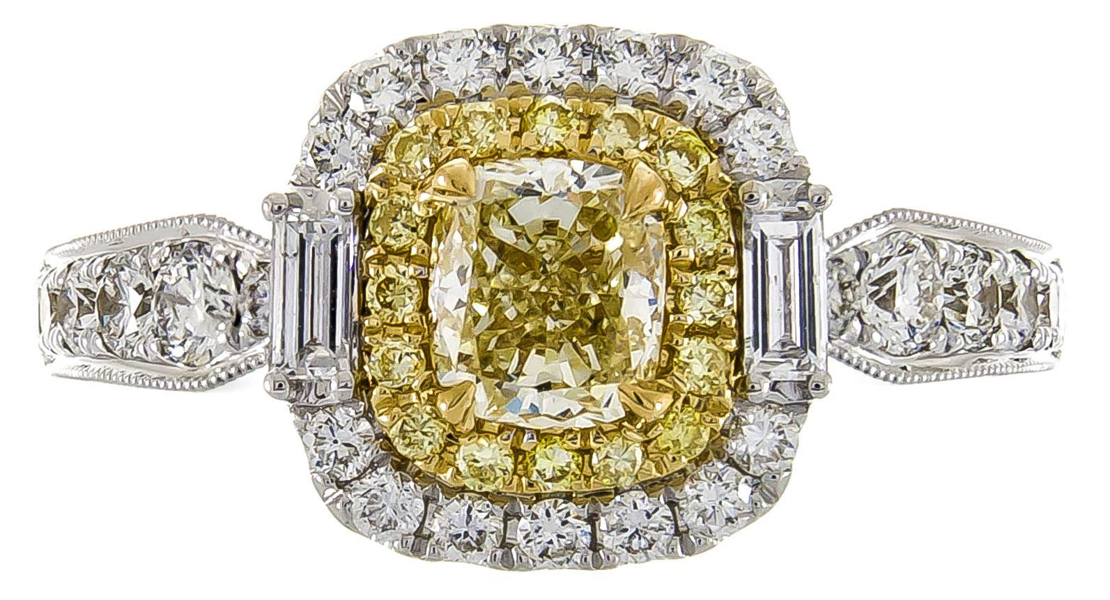 Elevate your elegance with the Gin and Grace 18K two-tone gold ring, showcasing a breathtaking 1-carat yellow diamond as its centerpiece. Encircled by 16 shimmering yellow diamonds, the central gem is complemented by two baguette-cut white diamonds