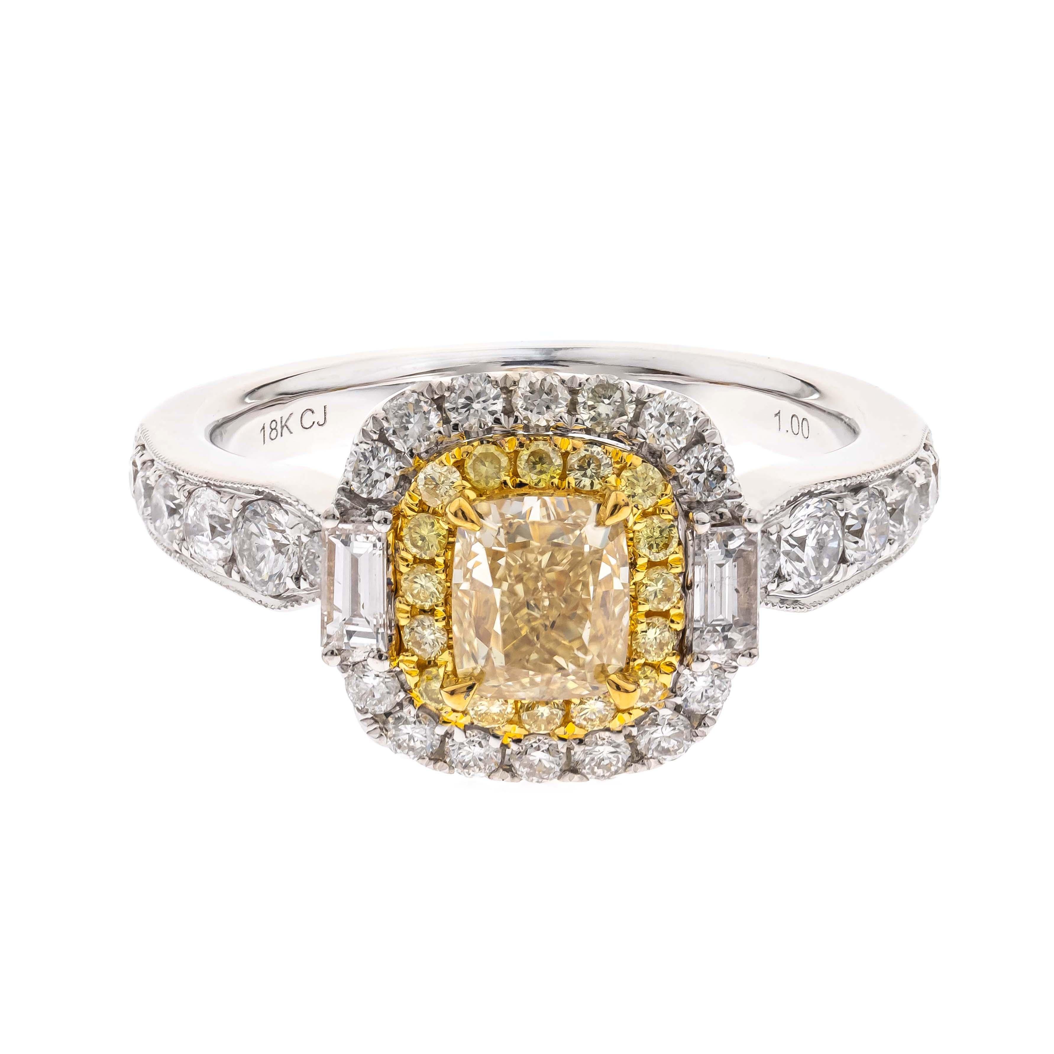 Art Deco Gin and Grace 18KTT 1-Carat Yellow Diamond Ring with White Diamond Accents For Sale