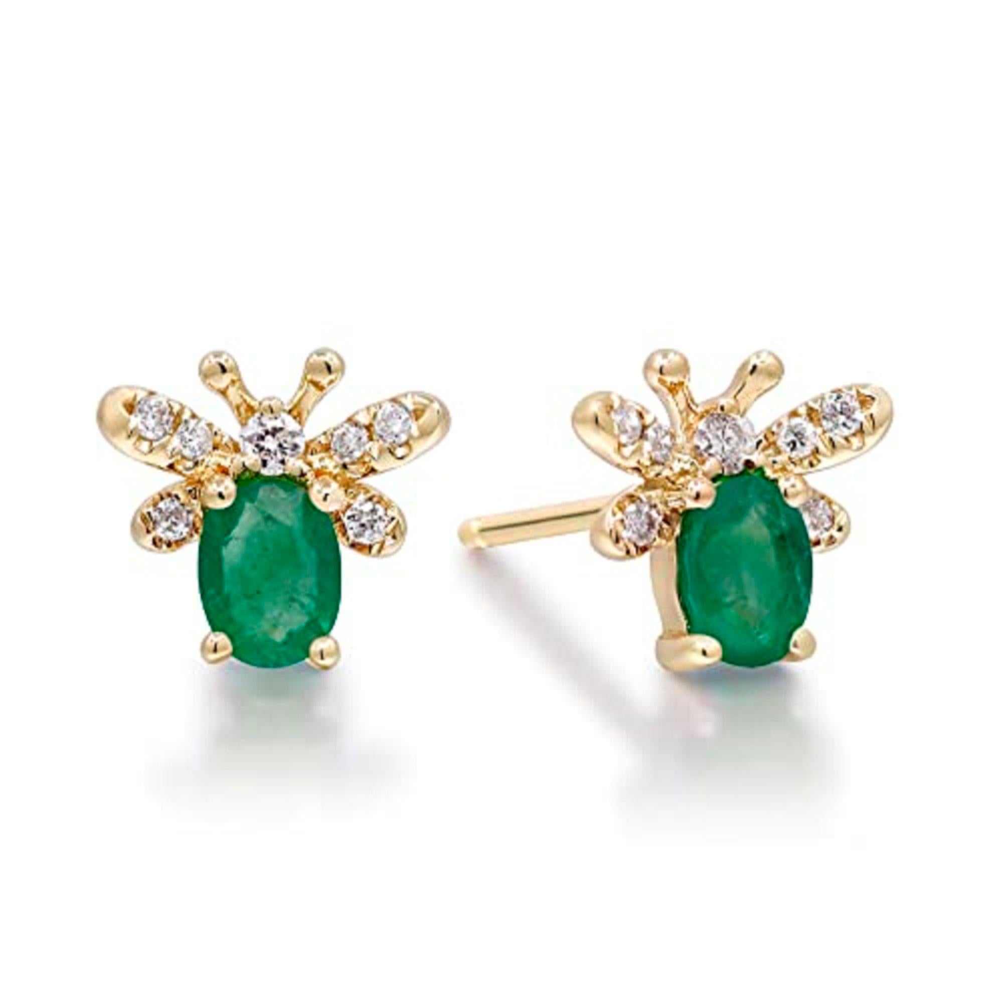 Decorate yourself in elegance with this Earring is crafted from 14-karat yellow Gold by Gin & Grace. This Earring is made up of emerald oval- cut (2 pcs) 0.32 carat and Round-cut White Diamond (14 Pcs) 0.07 Carat. The Earring is designed by the