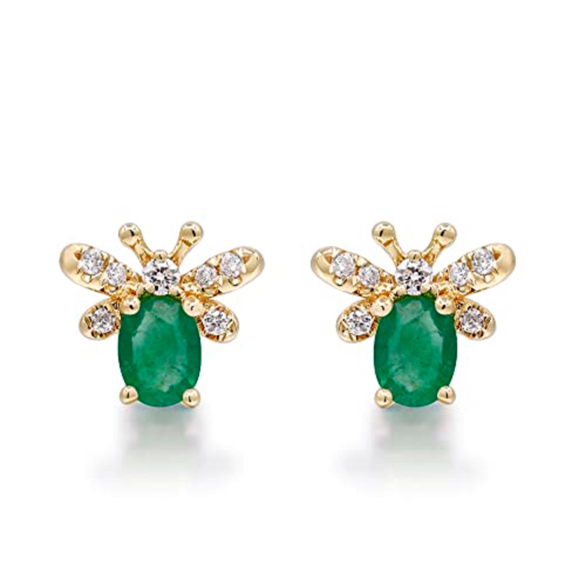 Oval Cut Gin and Grace Emerald Queen bee earrings in 14K Yellow gold and Diamond For Sale