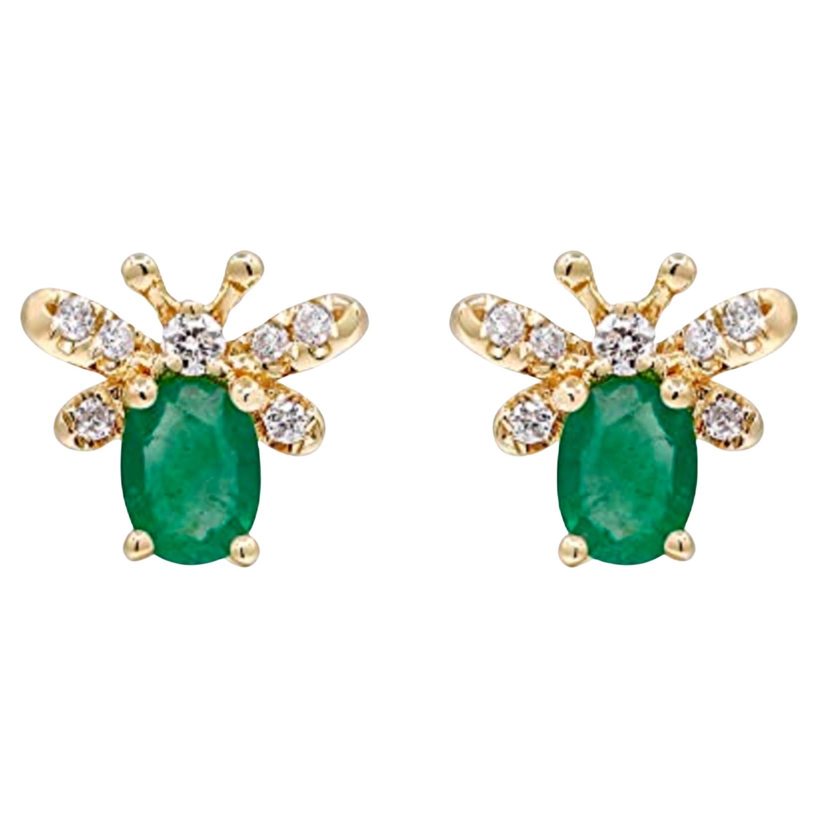 Gin and Grace Emerald Queen bee earrings in 14K Yellow gold and Diamond For Sale