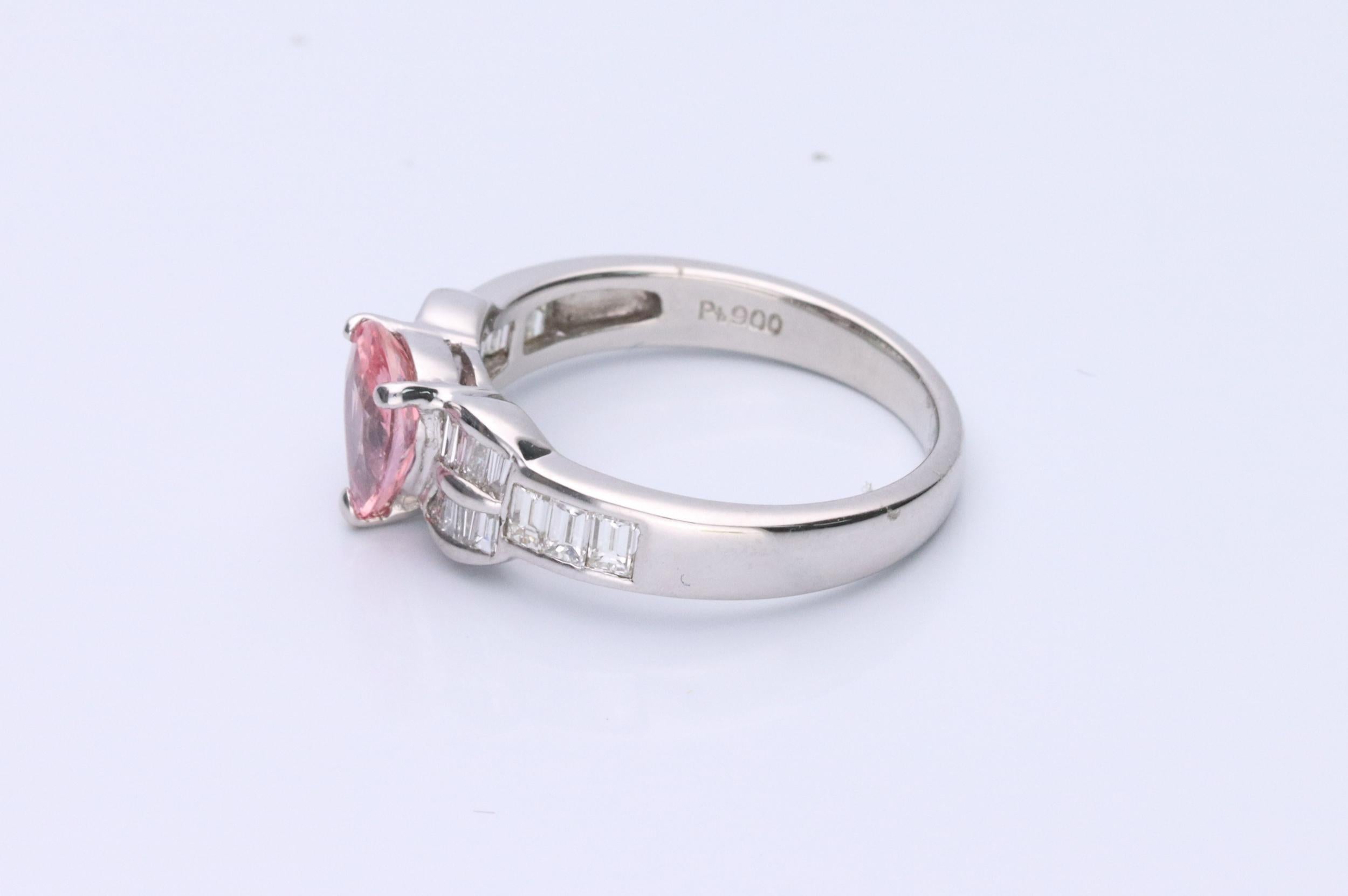 Decorate yourself in elegance with this Ring is crafted from Platinum 900 by Gin & Grace. This Ring is made up of Pear-Cut (1 pcs) 1.87 carat Pink Sapphire and Baguette-cut White Diamond 0.59 carat. This Ring is weight 5.50 grams. This delicate ring
