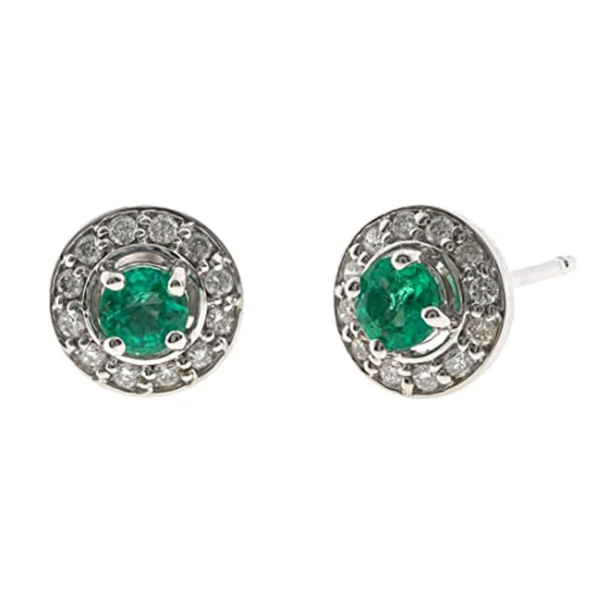 Art Deco Gin & Grace 10K White Gold Natural Zambian Emerald Stud Earrings with Diamond For Sale