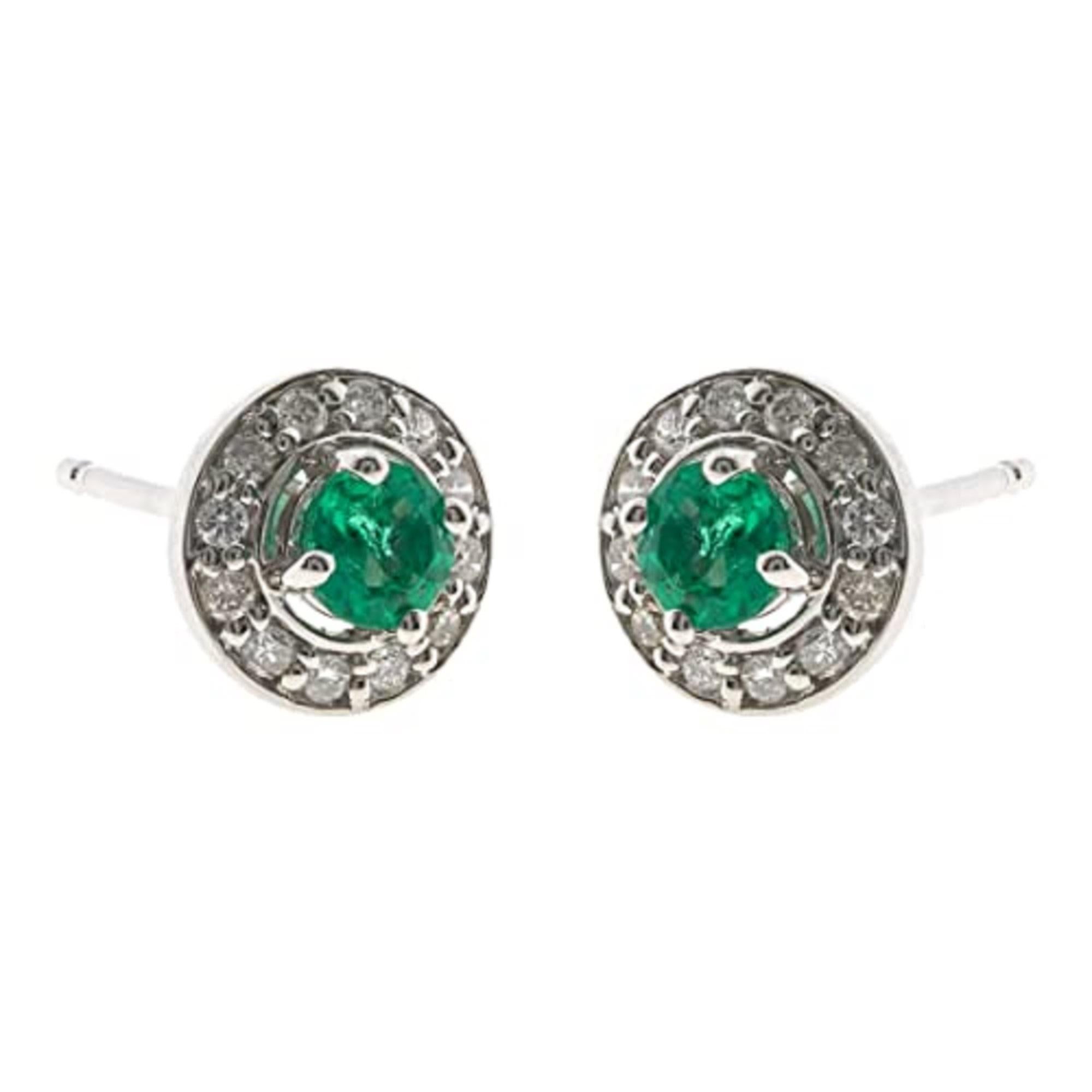 Round Cut Gin & Grace 10K White Gold Natural Zambian Emerald Stud Earrings with Diamond For Sale