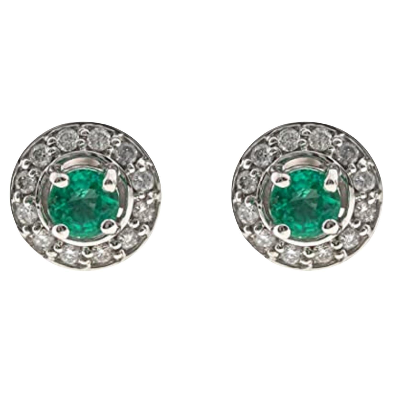 Gin & Grace 10K White Gold Natural Zambian Emerald Stud Earrings with Diamond For Sale