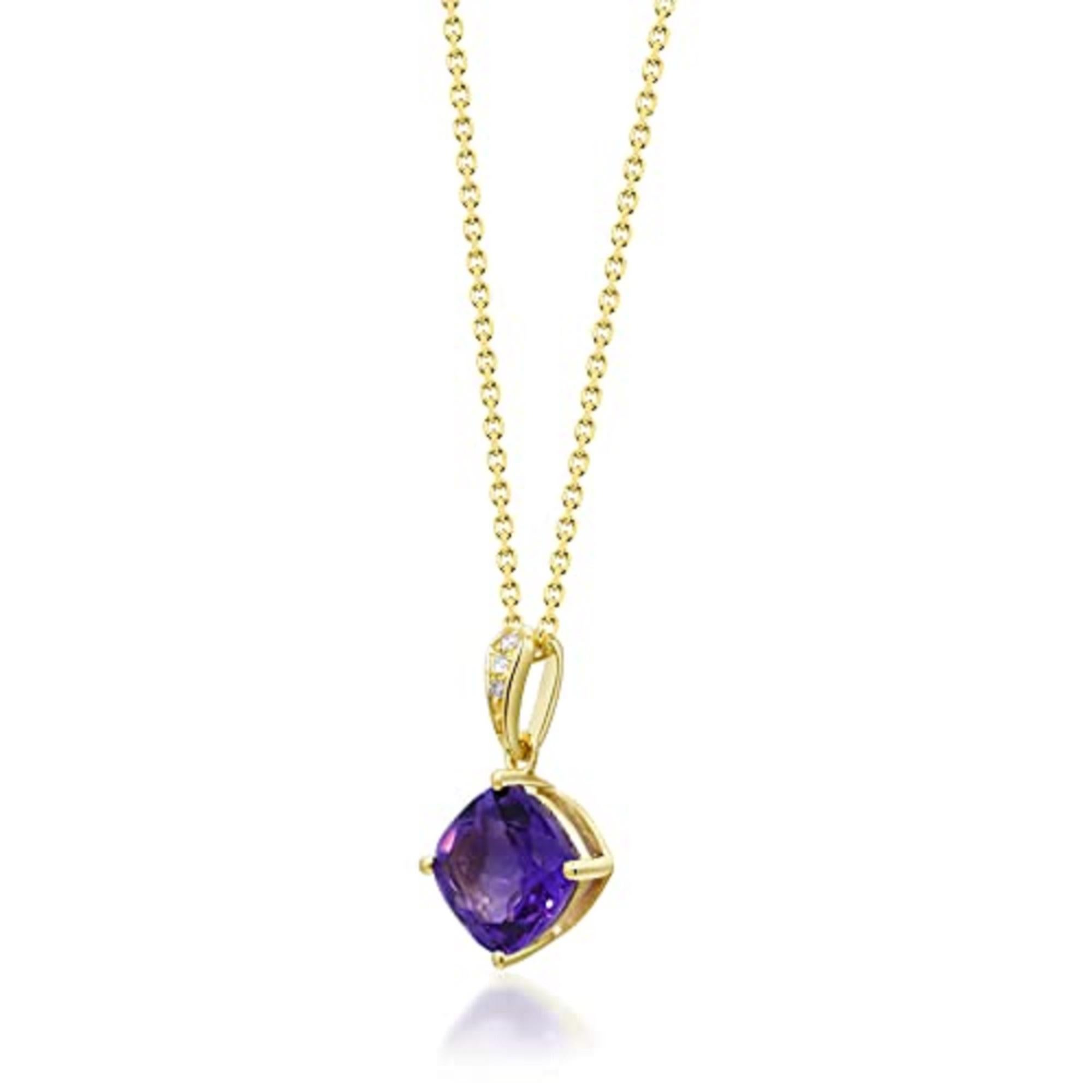 Art Deco Gin & Grace 10K Yellow Gold Amethyst Cushion With Natural Diamond Pendant For Sale