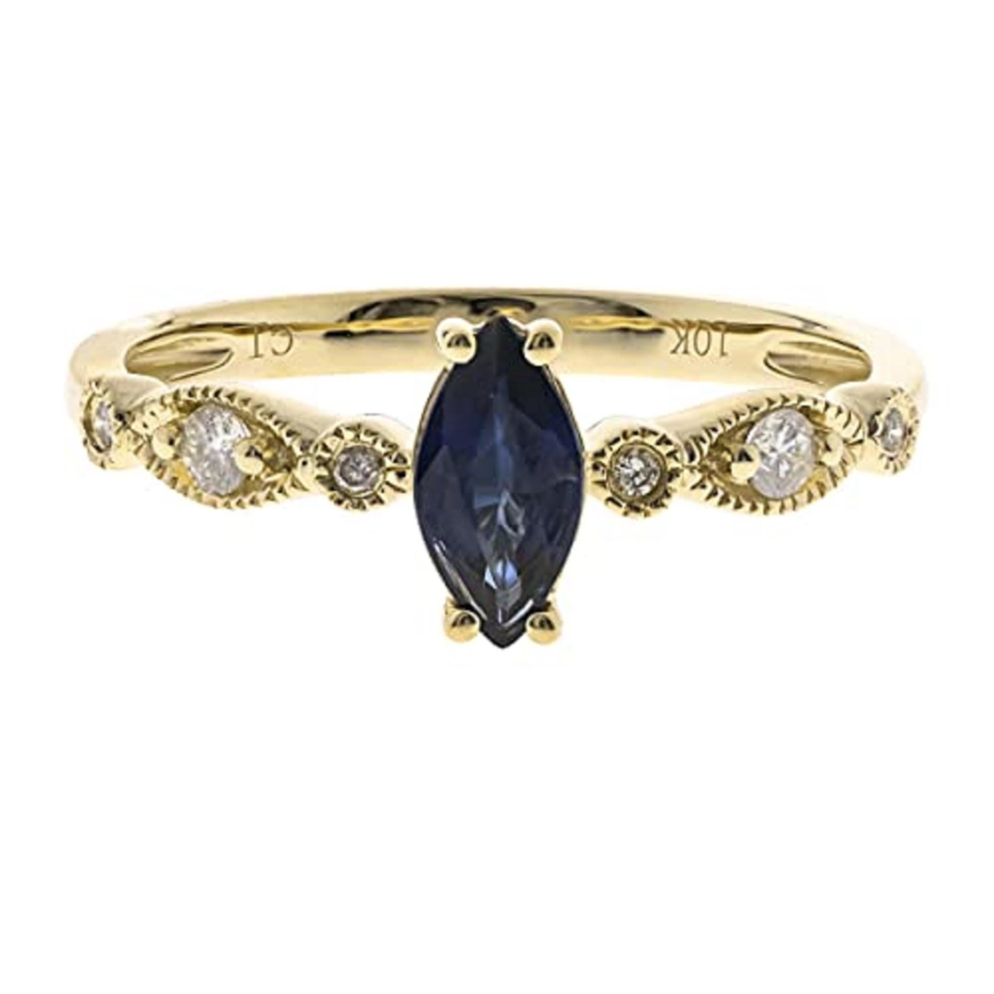 Gin & Grace, bague en or jaune 10 carats avec saphir bleu véritable et diamants pour femmes Pour femmes en vente