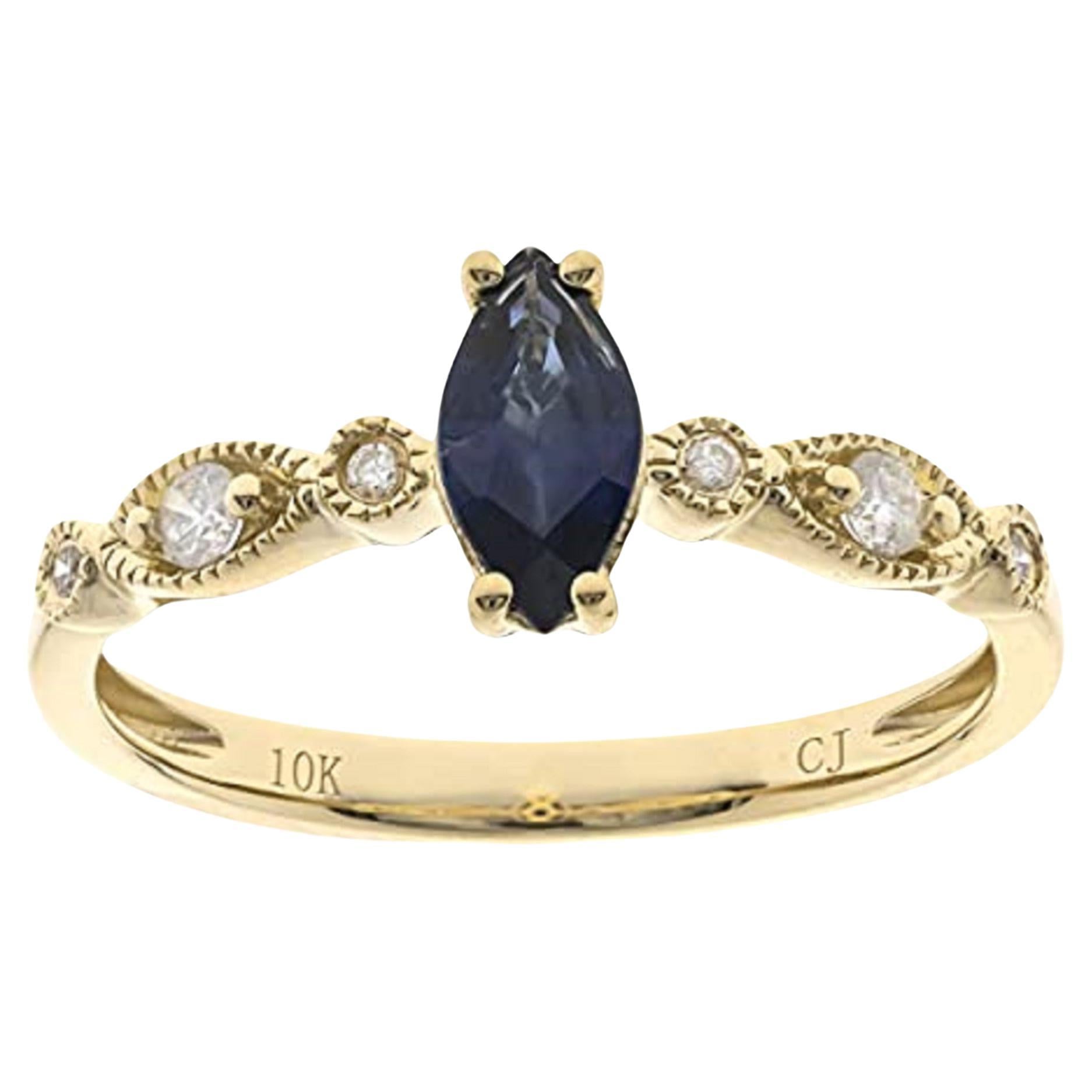 Gin & Grace, bague en or jaune 10 carats avec saphir bleu véritable et diamants pour femmes en vente