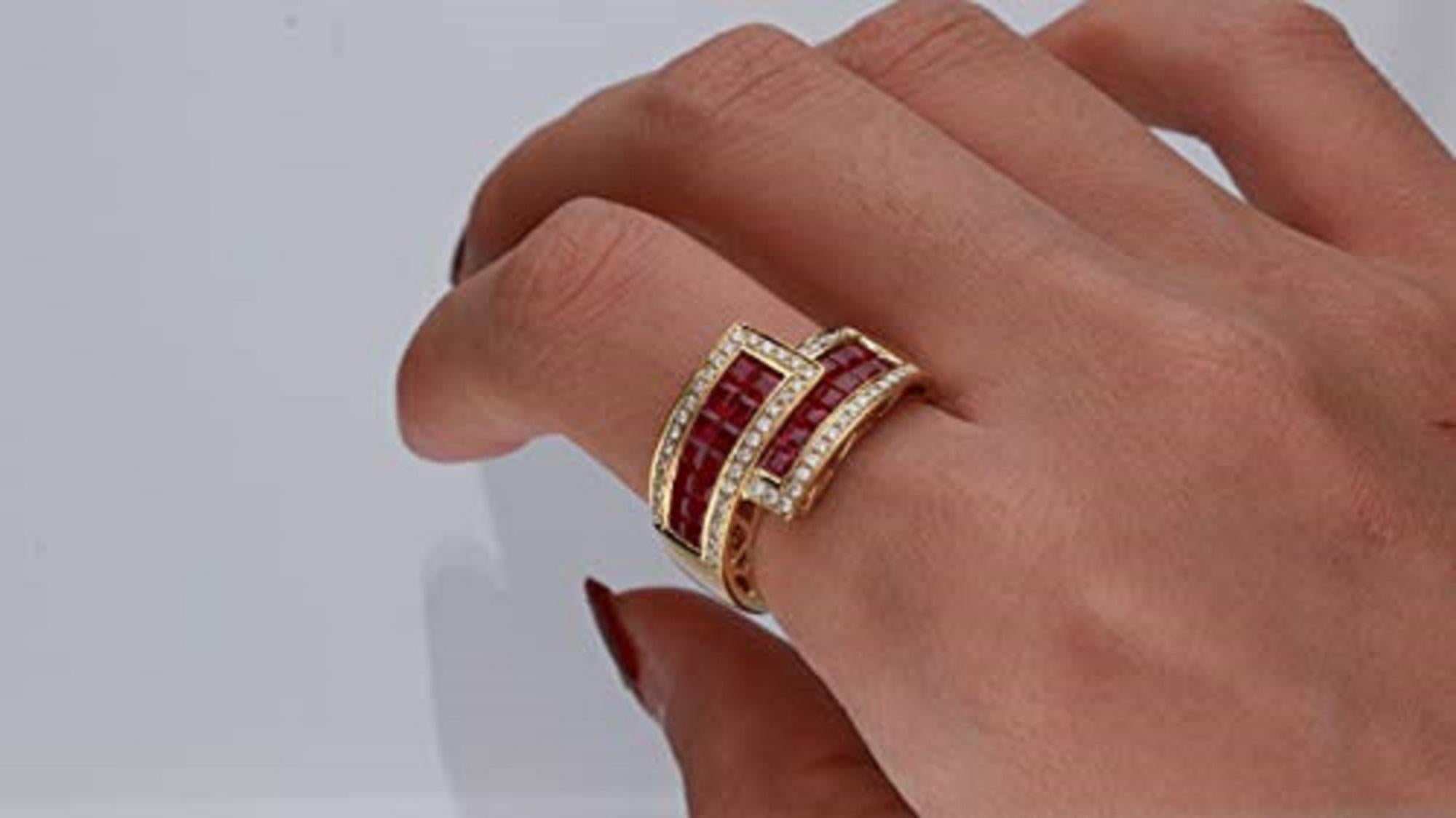 Stunning, timeless and classy eternity Unique ring. Decorate yourself in luxury with this Gin & Grace ring. This ring is made up of 2MM Square-Cut Invisible Setting Genuine Ruby (24 pcs) 1.68 Carat and Round-Cut Prong Setting Natural Diamond (53