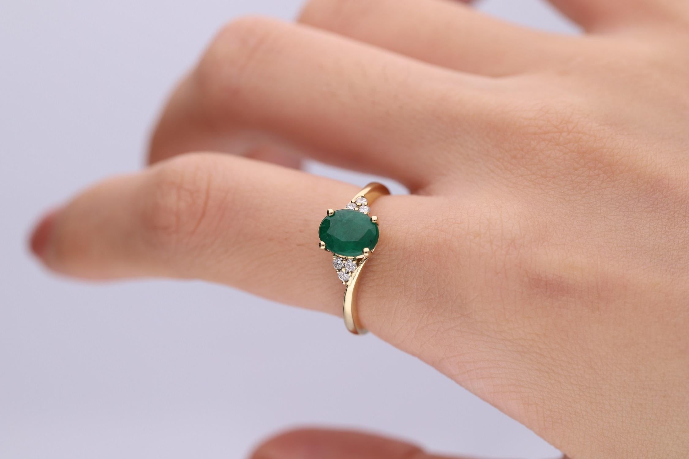 Stunning, timeless and classy eternity Unique ring. Decorate yourself in luxury with this Gin & Grace ring. This ring is made up of 6X8 Oval-Cut Prong Setting Natural Emerald (1 pcs) 1.16 Carat and Round-Cut Prong Setting white Diamond (6 pcs) 0.11