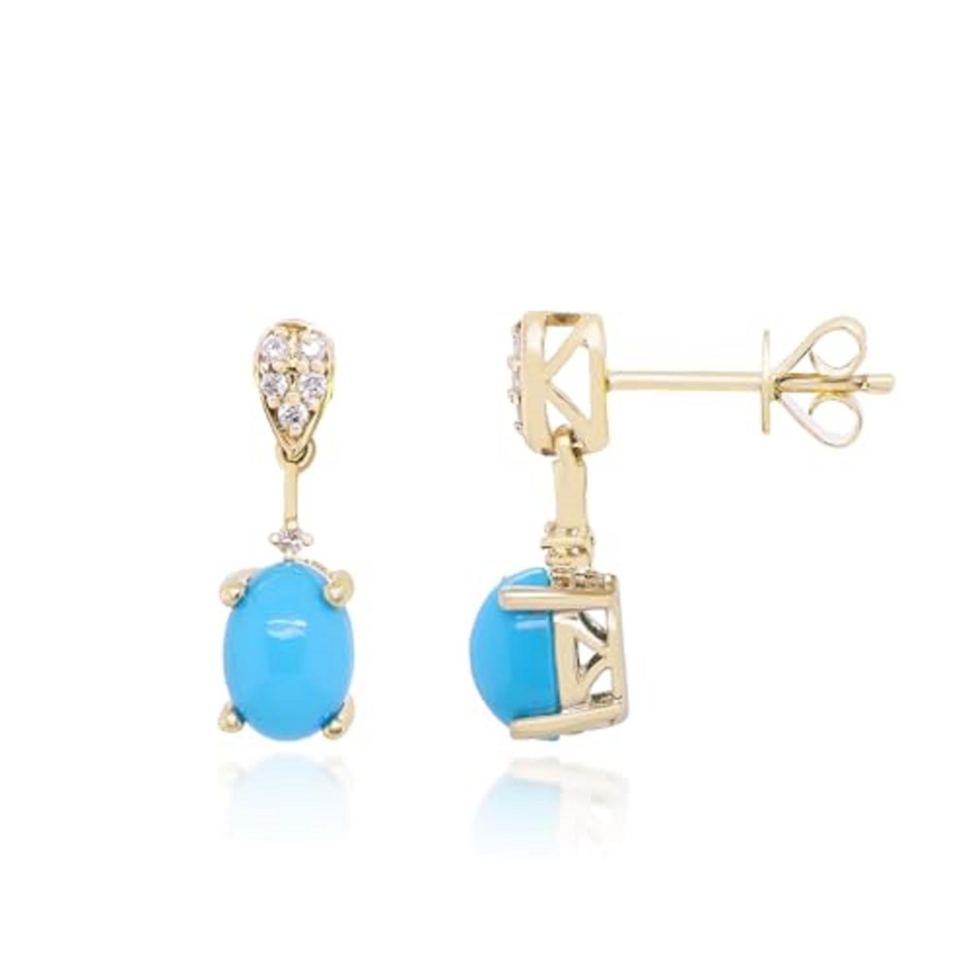 Art déco Gin & Grace, boucles d'oreilles pour femmes en or jaune 10 carats avec turquoise naturelle et diamants en vente