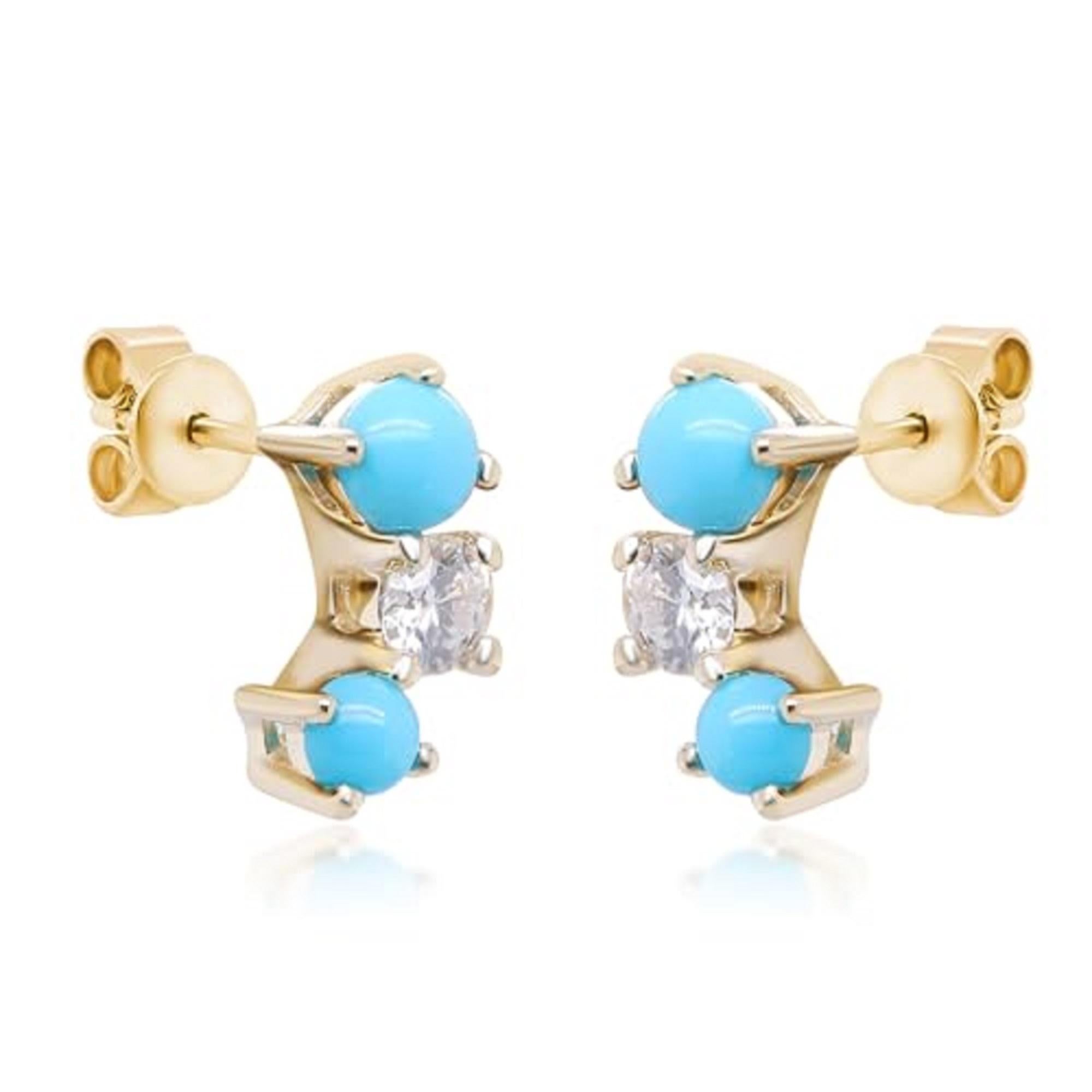Round Cut Gin & Grace 10K Yellow Gold Natural Turquoise and Diamond Earrings For Women For Sale