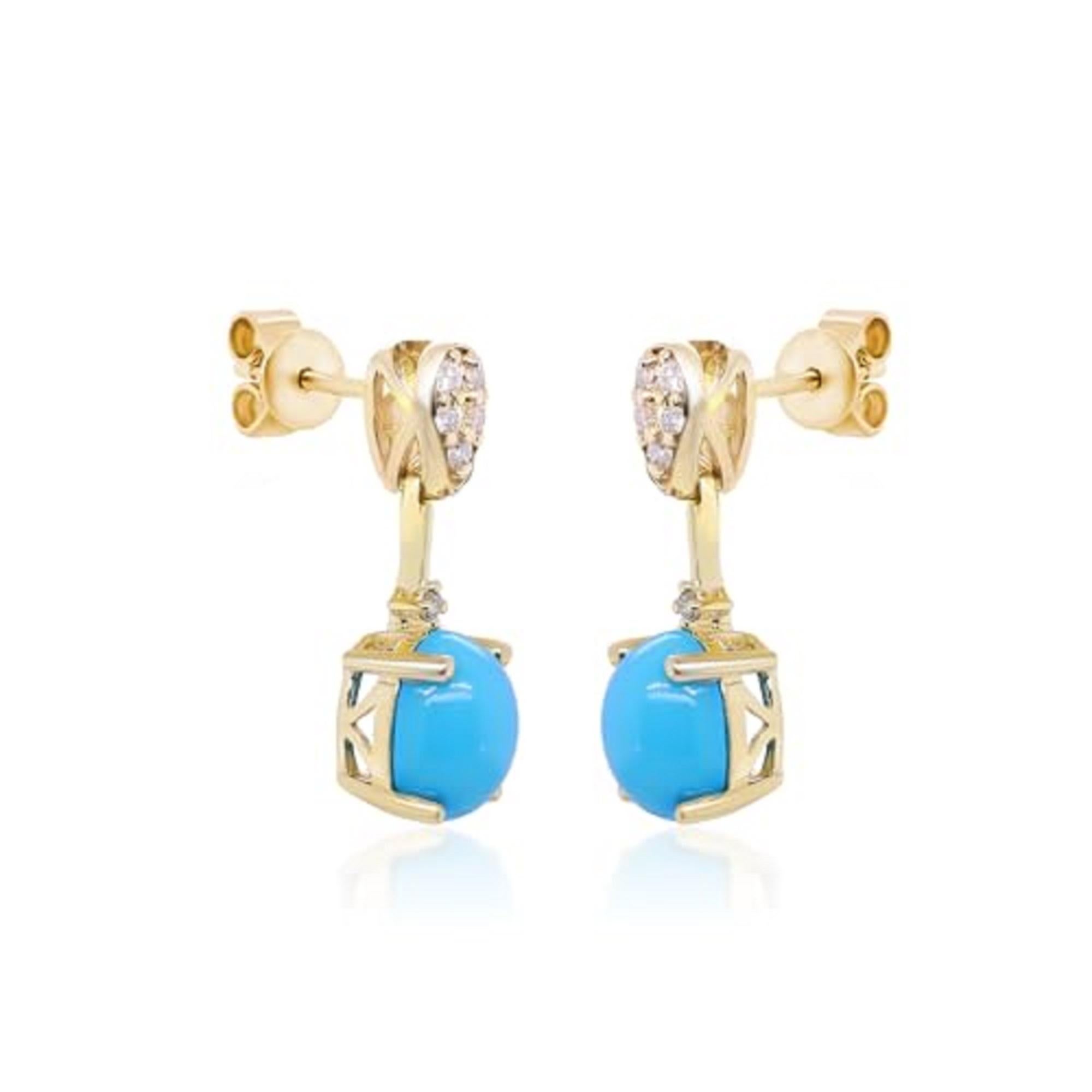 Taille ovale Gin & Grace, boucles d'oreilles pour femmes en or jaune 10 carats avec turquoise naturelle et diamants en vente