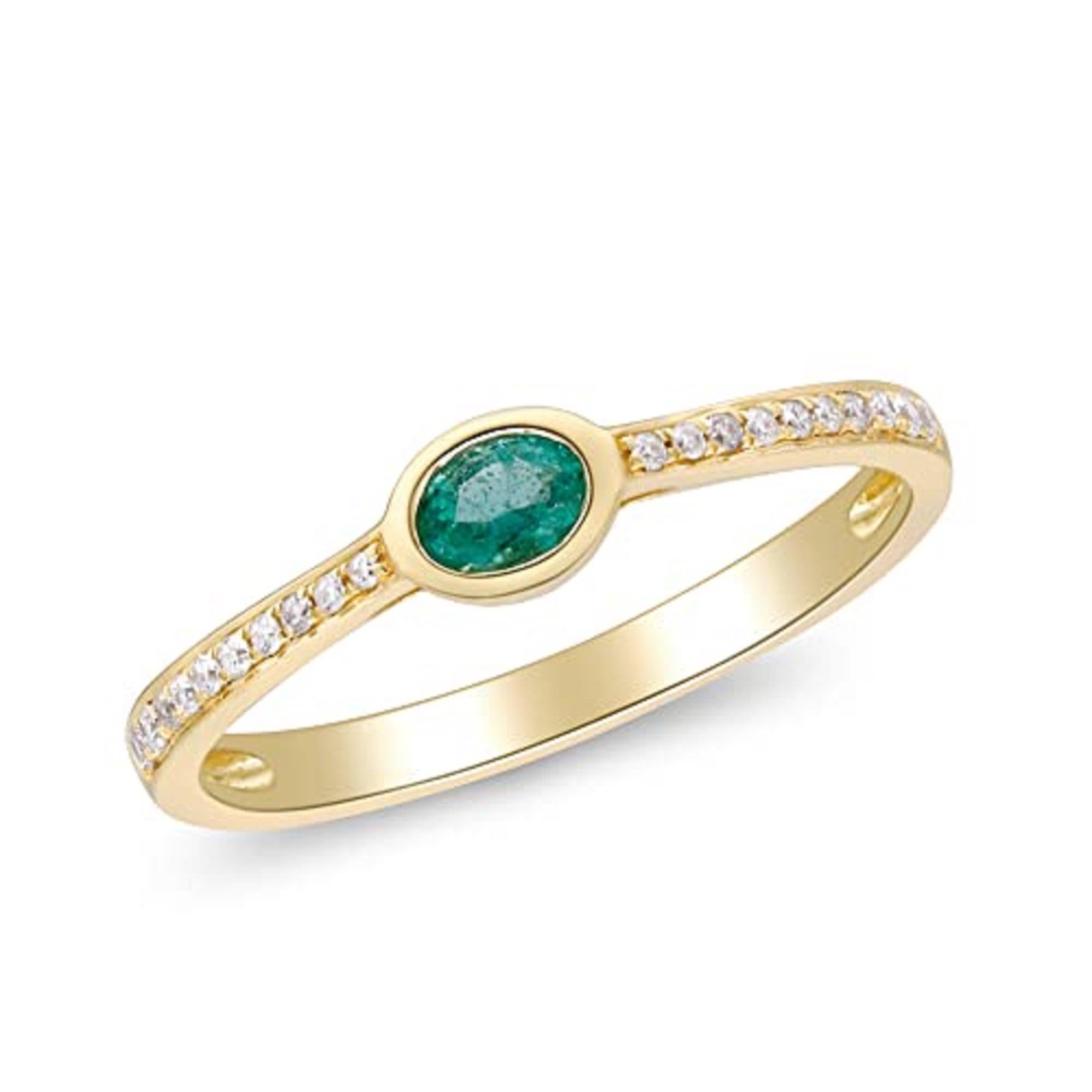Decorate yourself in elegance with this Ring is crafted from 14-karat Yellow Gold by Gin & Grace. This Ring is made up of 4x3 oval-cut Emerald (1 pcs) 0.15 carat and Round-cut White Diamond (20 pcs) 0.09 carat. This Ring is weight 1.63 grams. This