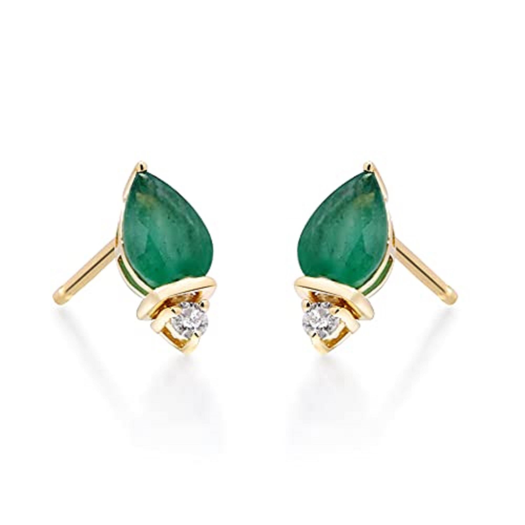 Pear Cut Gin & Grace 10K Yellow Gold Natural Zambian Emerald Stud Earrings with Diamonds For Sale