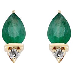 Gin & Grace 10K Yellow Gold Natural Zambian Emerald Stud Earrings with Diamonds