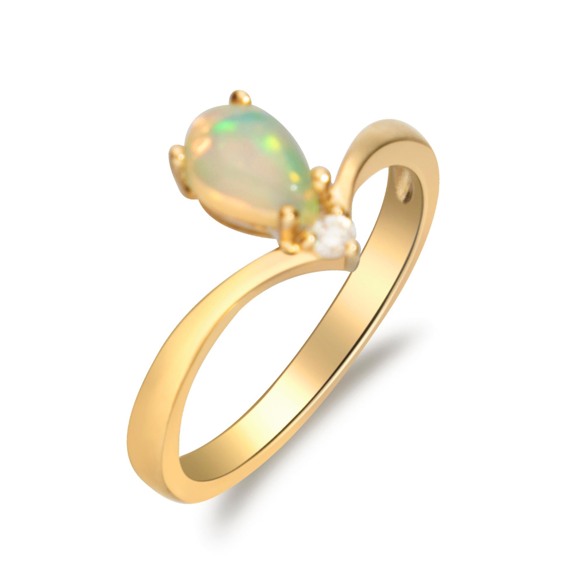 Gin & Grace 10K Yellow Gold Pear-Cab Ethiopian Opal Diamond Ring for Women/Girls In New Condition For Sale In New York, NY