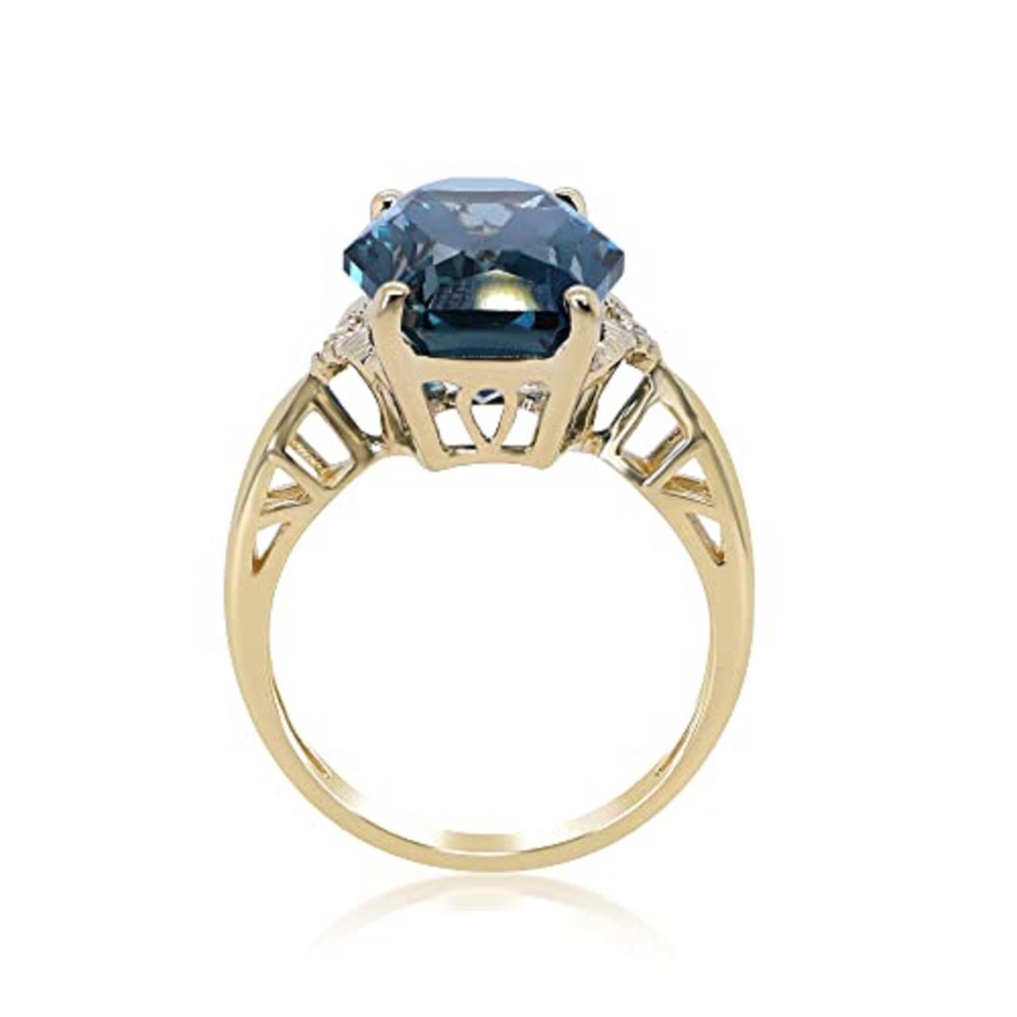 Decorate yourself in elegance with this Ring is crafted from 14-karat Yellow Gold by Gin & Grace. This Ring is made up of 12x16 mm Cushion-Cut (1 pcs) 11.17 carat London Blue Topaz and Round-cut White Diamond (6 Pcs) 0.04 Carat. This Ring is weight