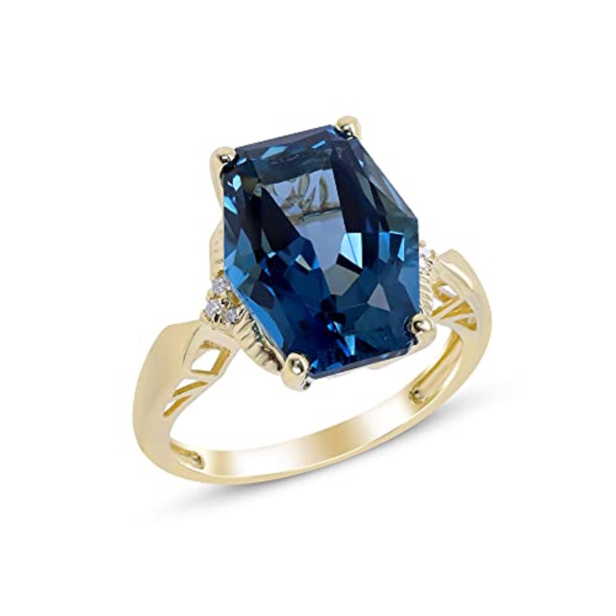 Art Deco Gin & Grace 14 Yellow Gold London Blue Topaz Ring with Diamonds for women For Sale