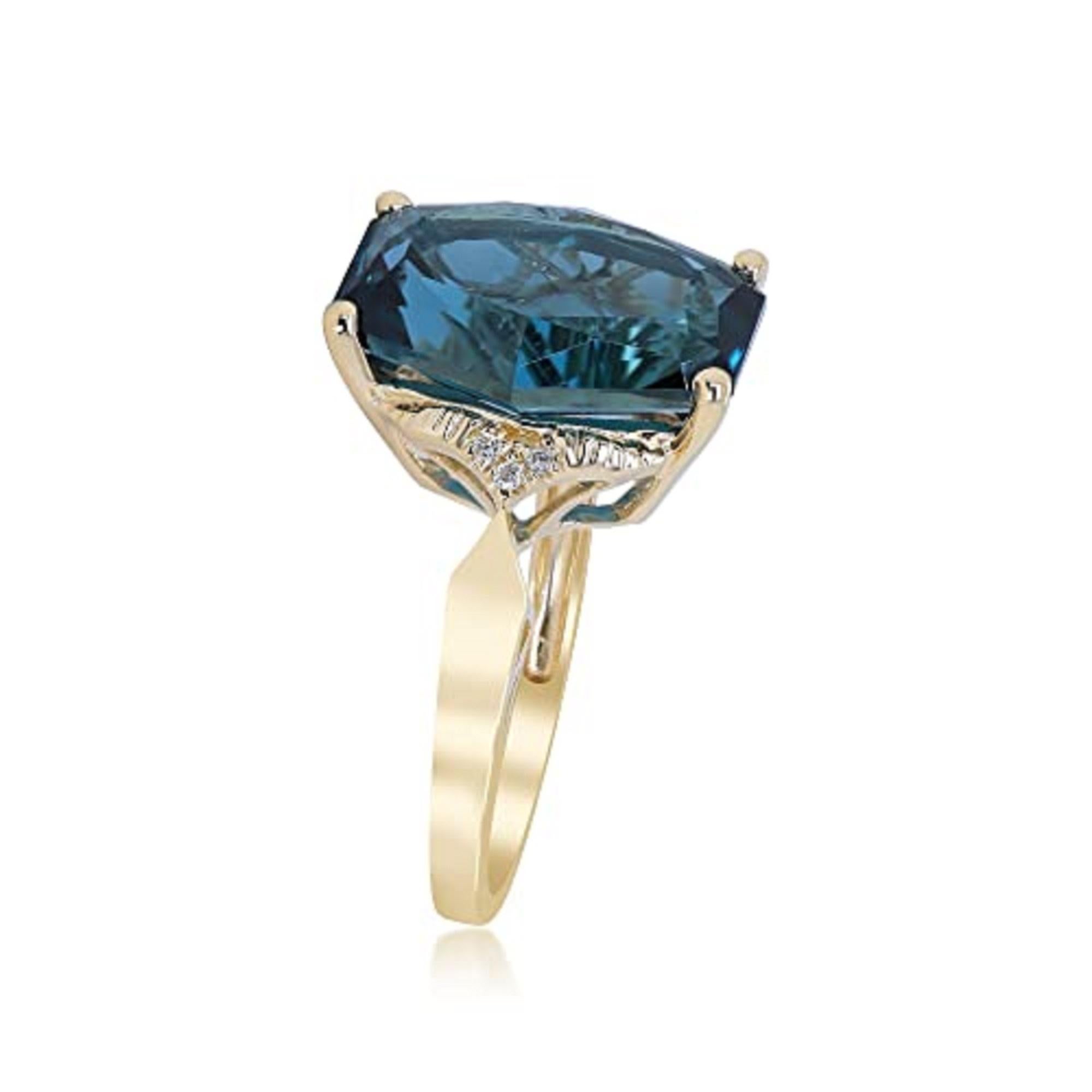 Cushion Cut Gin & Grace 14 Yellow Gold London Blue Topaz Ring with Diamonds for women For Sale