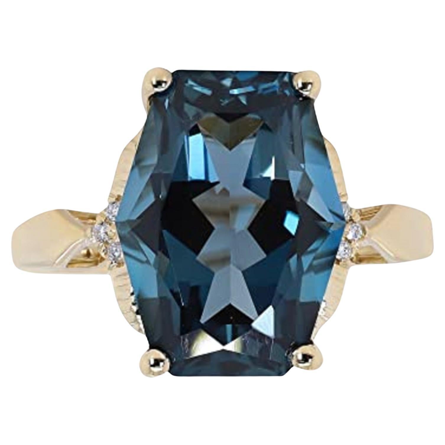 Gin & Grace 14 Yellow Gold London Blue Topaz Ring with Diamonds for women For Sale
