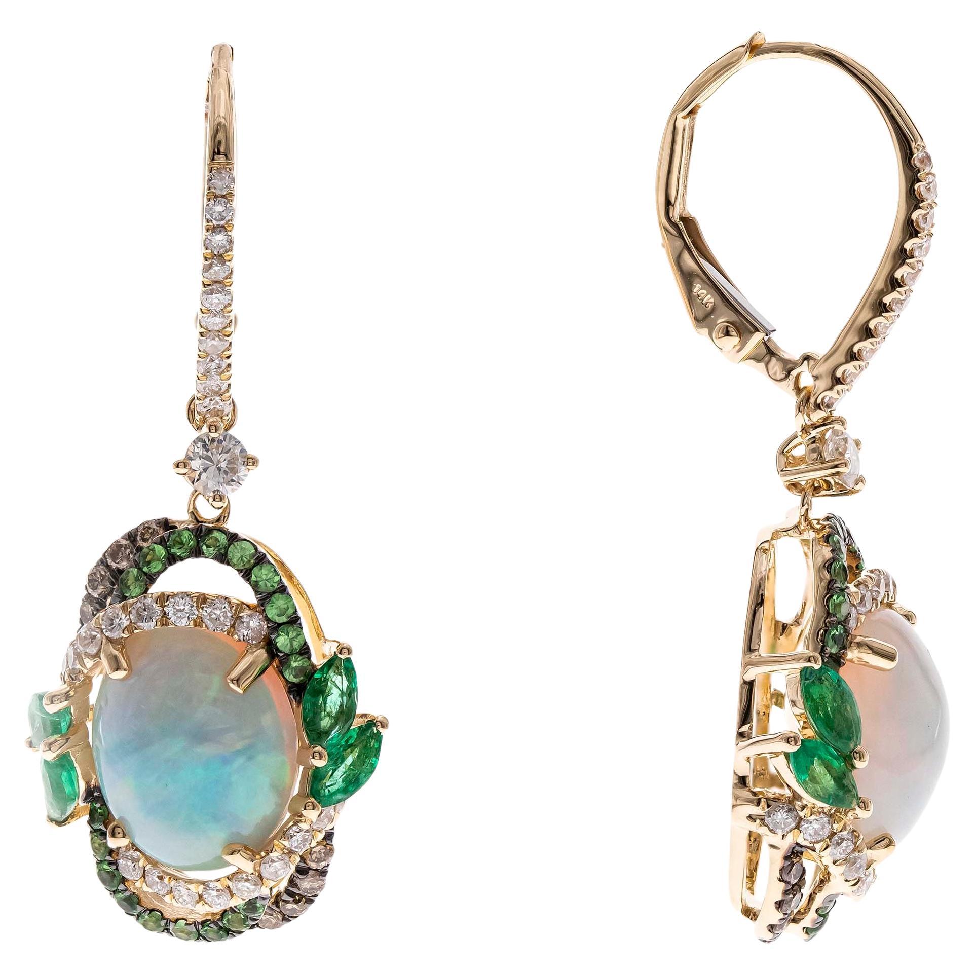 Gin and Grace Boucles d'oreilles 14K Luminous Opal & Emerald with Tsavorite and Diamond Halo