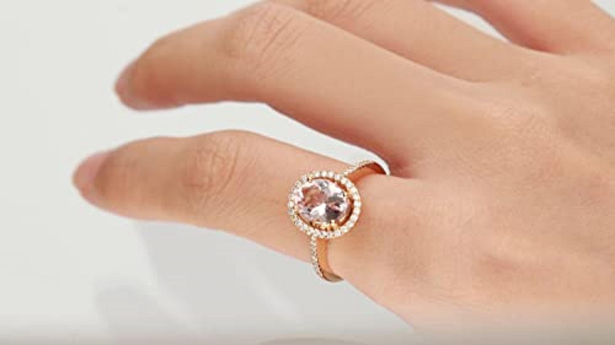 Decorate yourself in elegance with this Ring is crafted from 14-karat Rose Gold by Gin & Grace. This Ring is made up of 7*9 morganite oval-cut (1 pcs) 1.60 and Round-cut Diamond (44 pcs) 0.24 Carat. This Ring is weight 3.53 grams. This delicate Ring