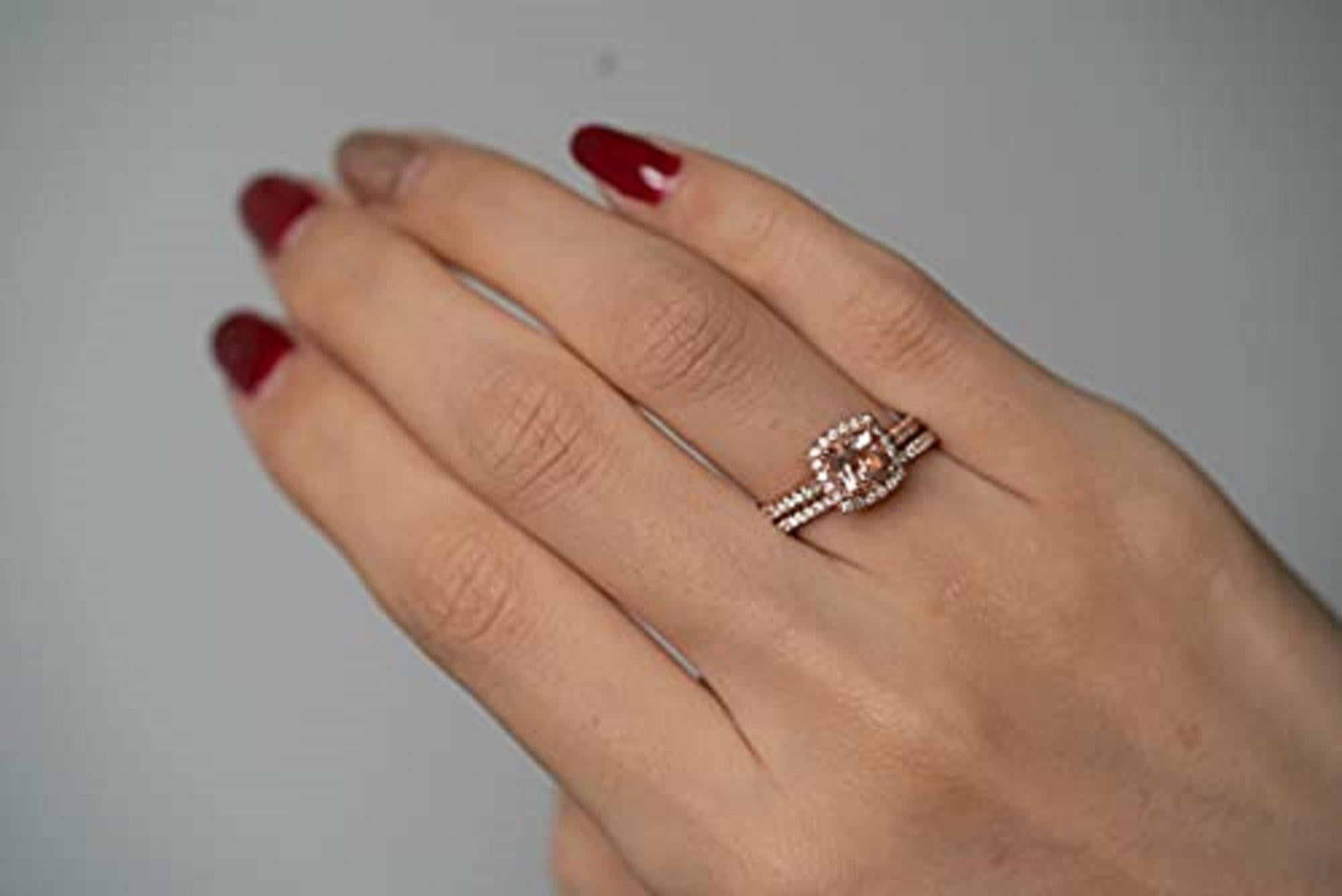 Stunning, timeless and classy eternity engagement ring. Decorate yourself in luxury with this Gin & Grace ring. The 14k Rose Gold jewelry boasts 6MM Cushion-Cut Prong Setting Genuine Morganite (1pcs) 0.89 Carat, and Round-Cut Prong Setting Natural
